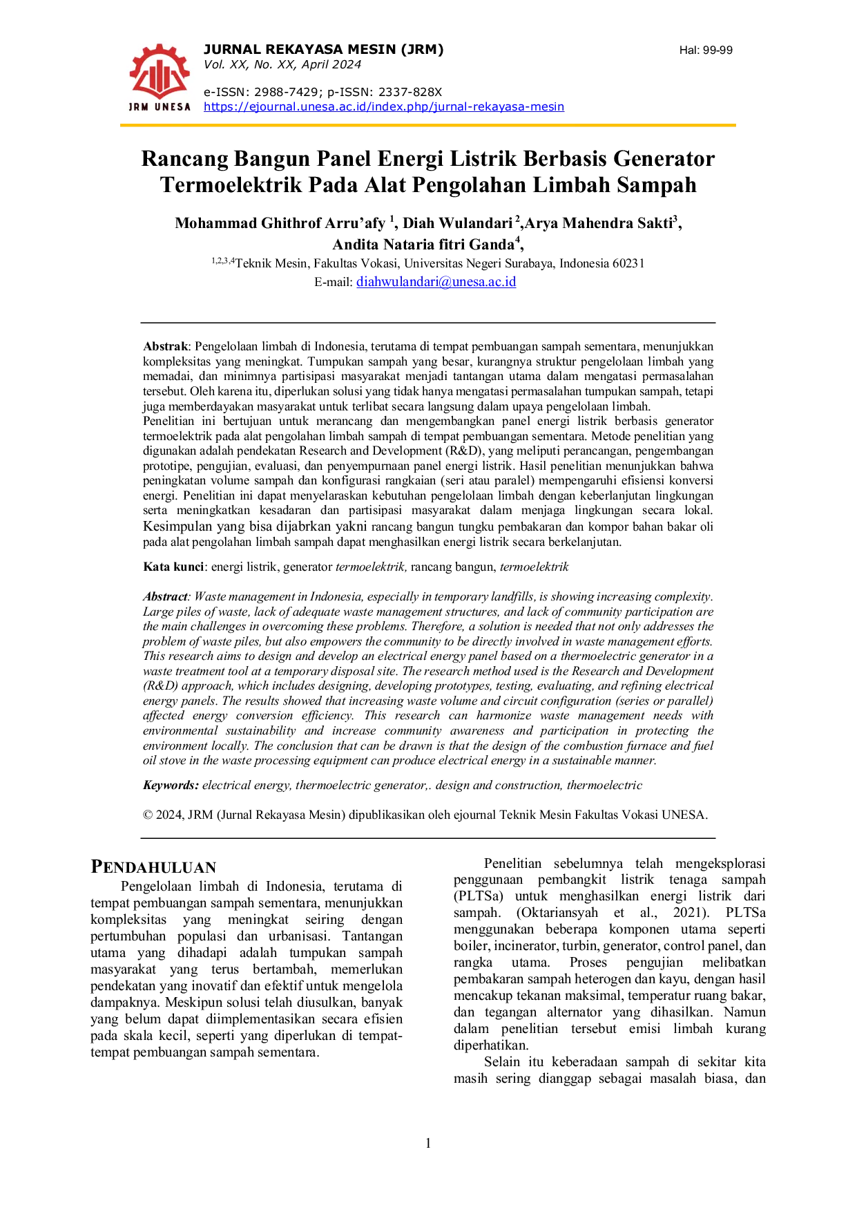 JURIS Rancang Bangun Pembangkit Listrik Berbasis Generator Termoelektrik pada Alat Pengolah Limbah Sampah