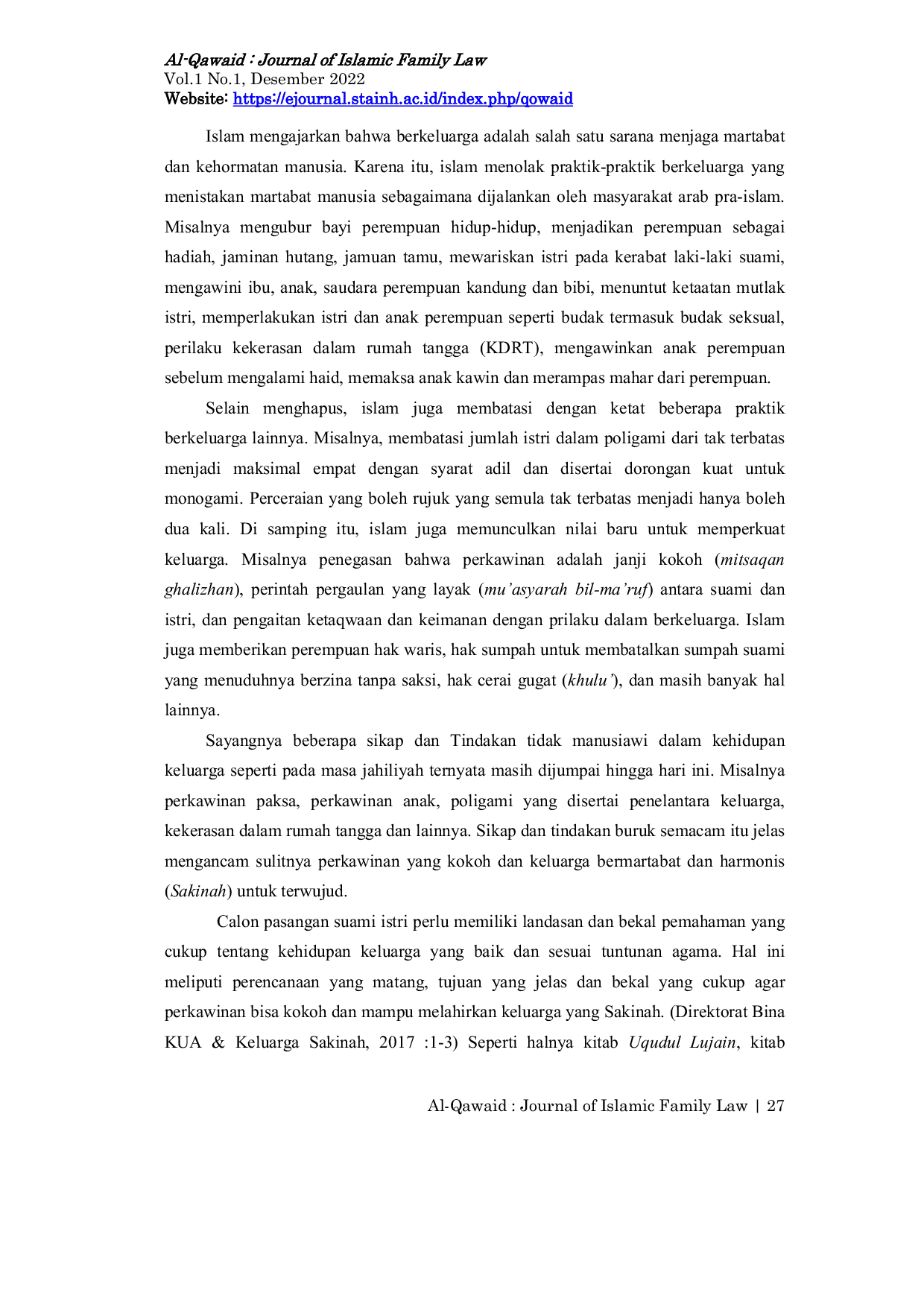 JURIS Implementasi Kitab Uqudul Lujain Terhadap Keharmonisan Rumah Tangga Studi Kasus Alumni Pondok Pesantren Nurul Huda di Desa Bercak Kecamatan Cermee