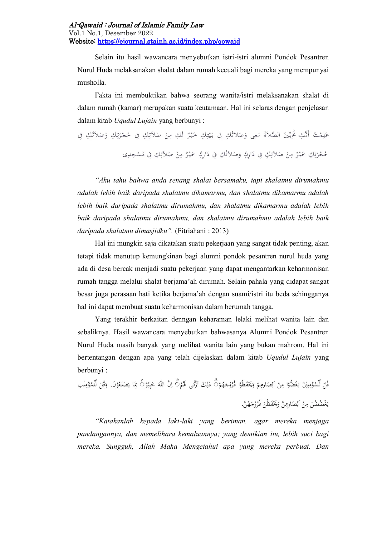 JURIS Implementasi Kitab Uqudul Lujain Terhadap Keharmonisan Rumah Tangga Studi Kasus Alumni Pondok Pesantren Nurul Huda di Desa Bercak Kecamatan Cermee