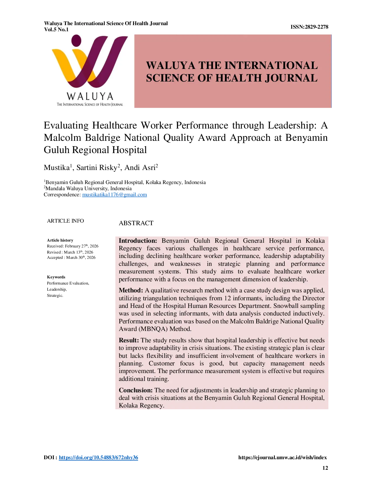 JURIS Evaluating Healthcare Worker Performance through Leadership A Malcolm Baldrige National Quality Award Approach at Benyamin Guluh Regional Hospital