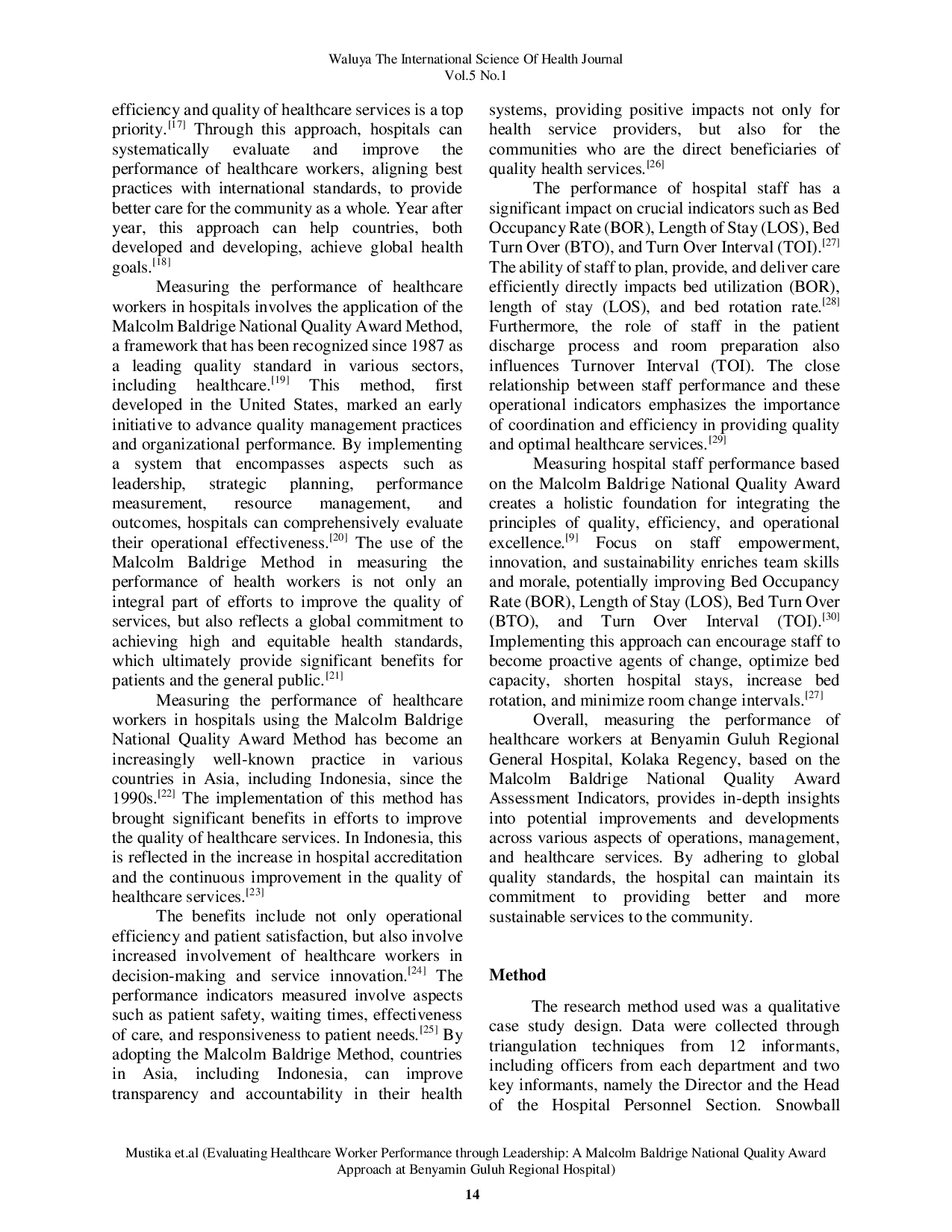 JURIS Evaluating Healthcare Worker Performance through Leadership A Malcolm Baldrige National Quality Award Approach at Benyamin Guluh Regional Hospital