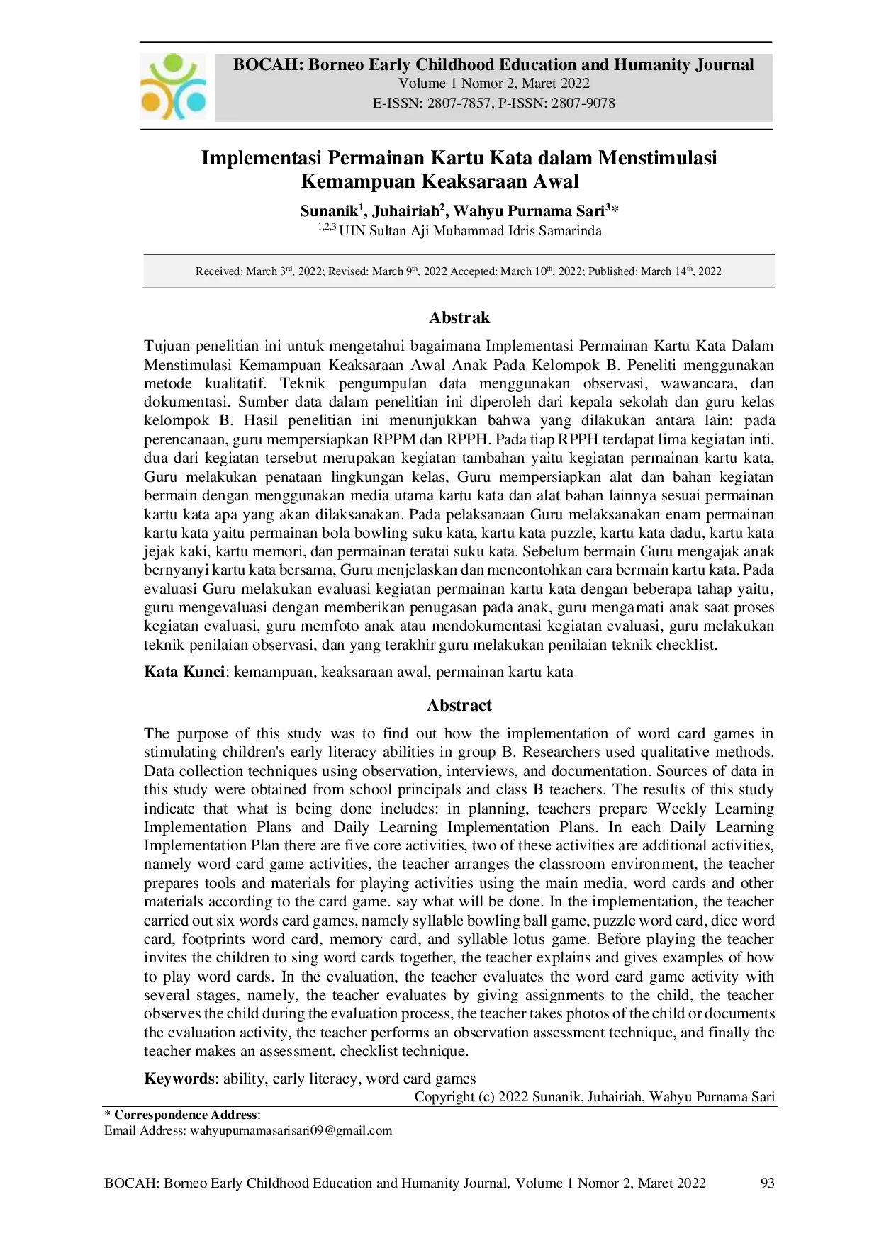 JURIS Implementasi Permainan Kartu Kata dalam Menstimulasi Kemampuan Keaksaraan Awal