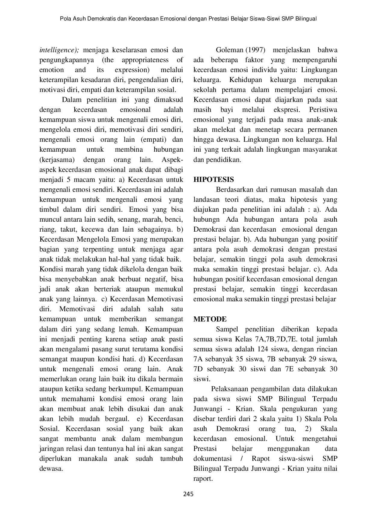 JURIS Pola Asuh Demokratis dan Kecerdasan Emosional dengan Prestasi Belajar Siswa Siswi SMP Bilingual