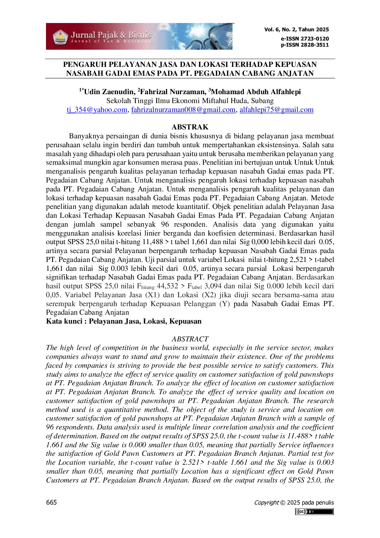 JURIS Pengaruh Pelayanan Jasa dan Lokasi Terhadap Kepuasan Nasabah Gadai Emas Pada PT Pegadaian Cabang Anjatan