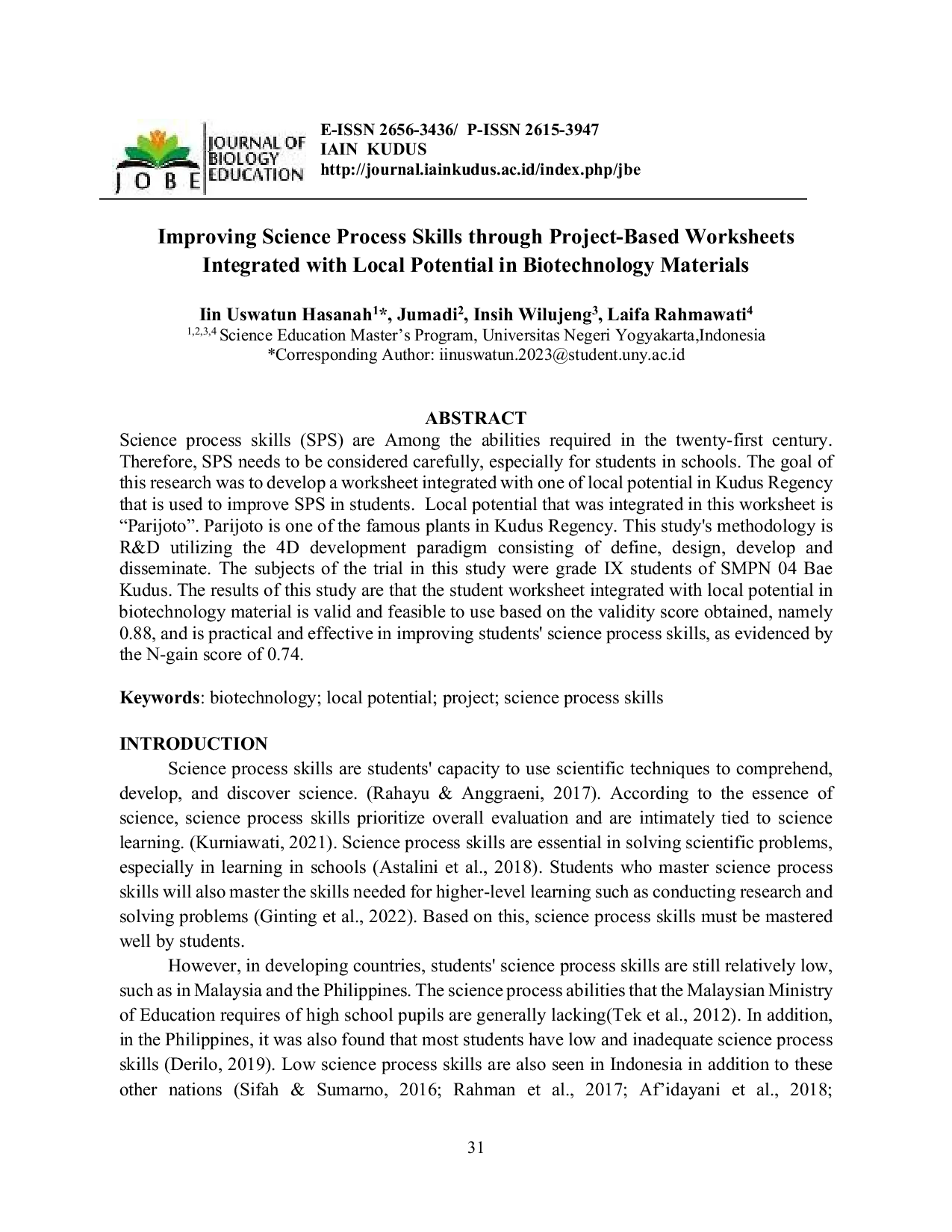 JURIS Improving Science Process Skills through Project Based Worksheets Integrated with Local Potential in Biotechnology Materials