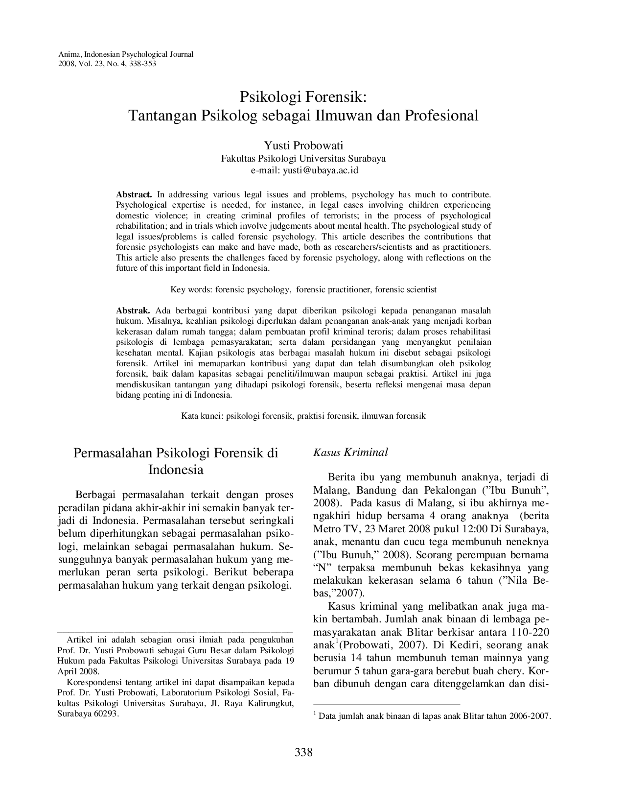 JURIS Psikologi Forensik Tantangan Psikolog sebagai Ilmuwan dan Profesional