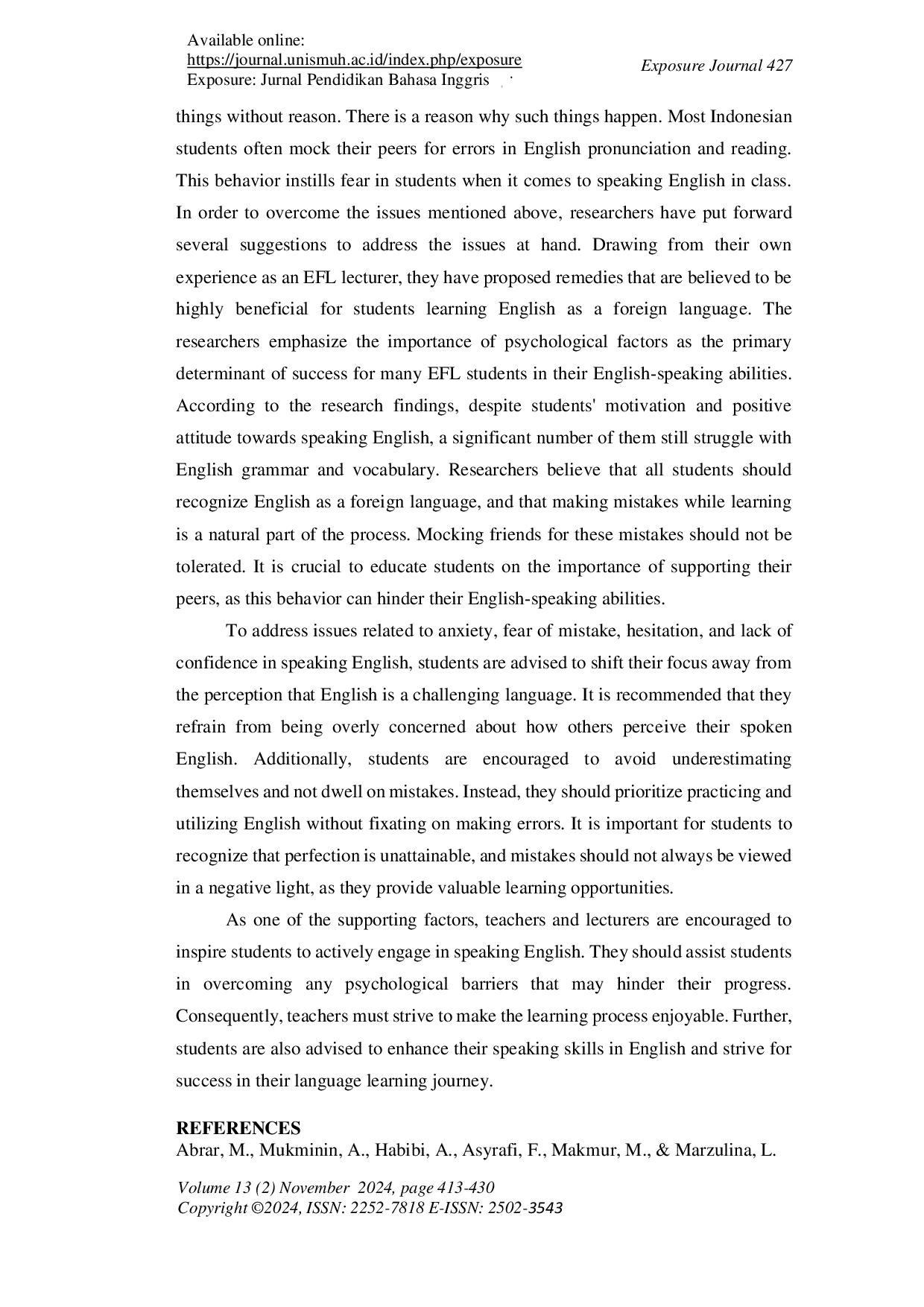 JURIS Psychological Barriers On EFL Students Speaking Performance In Border Area