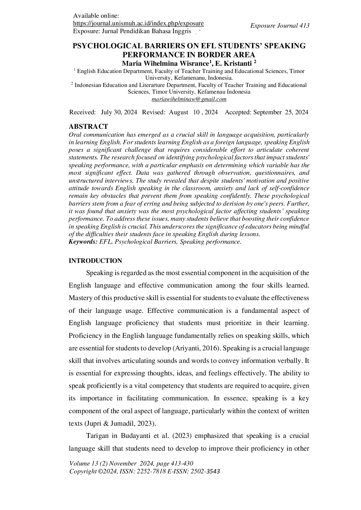 JURIS Psychological Barriers On EFL Students Speaking Performance In Border Area