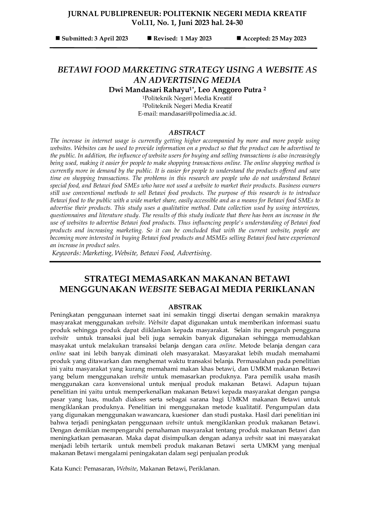 JURIS Betawi Food Marketing Strategy Using A Website As An Advertising Media