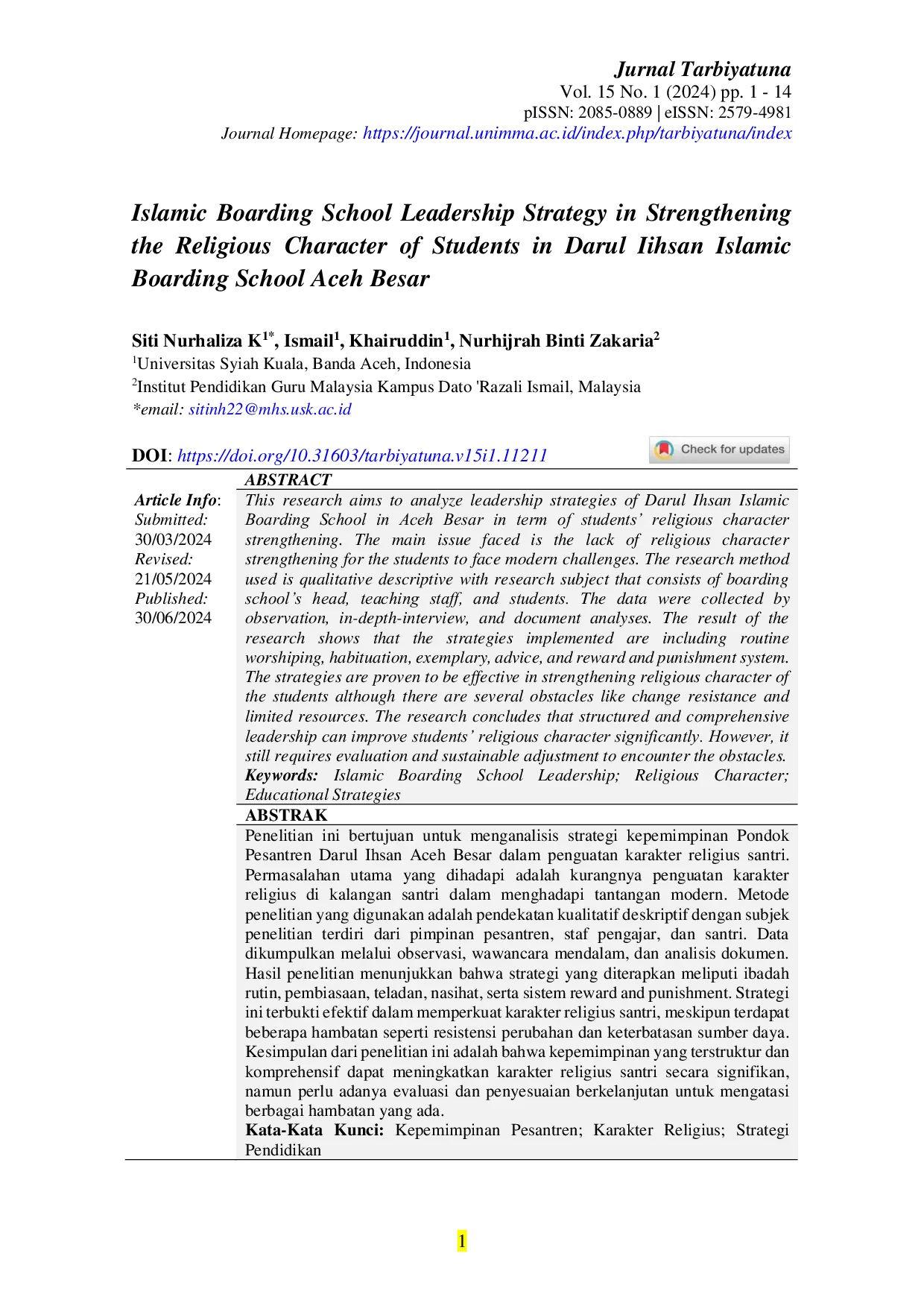 JURIS Islamic Boarding School Leadership Strategy in Strengthening the Religious Character of Students in Darul Ihsan Islamic Boarding Schools of Aceh Besar