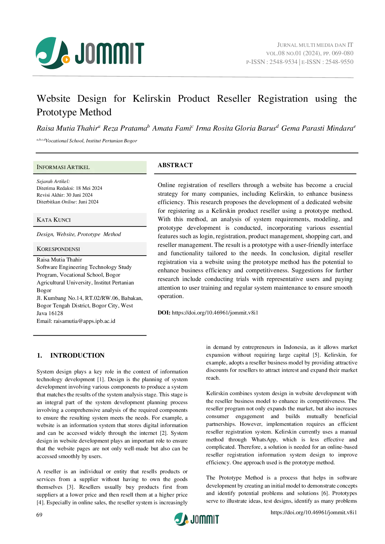 JURIS Website Design for Kelirskin Product Reseller Registration using the Prototype Method