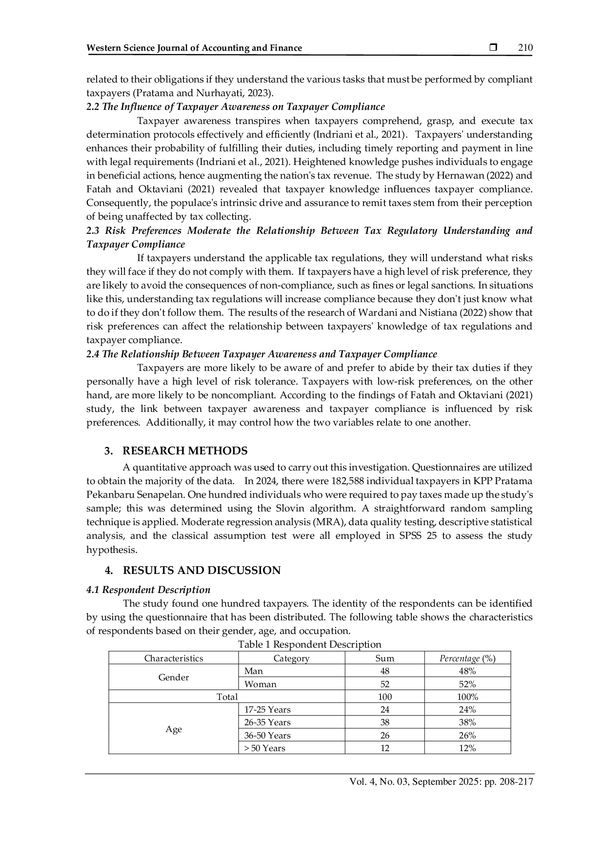 JURIS The Effect of Tax Regulatory Understanding and Awareness on Taxpayer Compliance with Risk Preferences as Moderation Variables