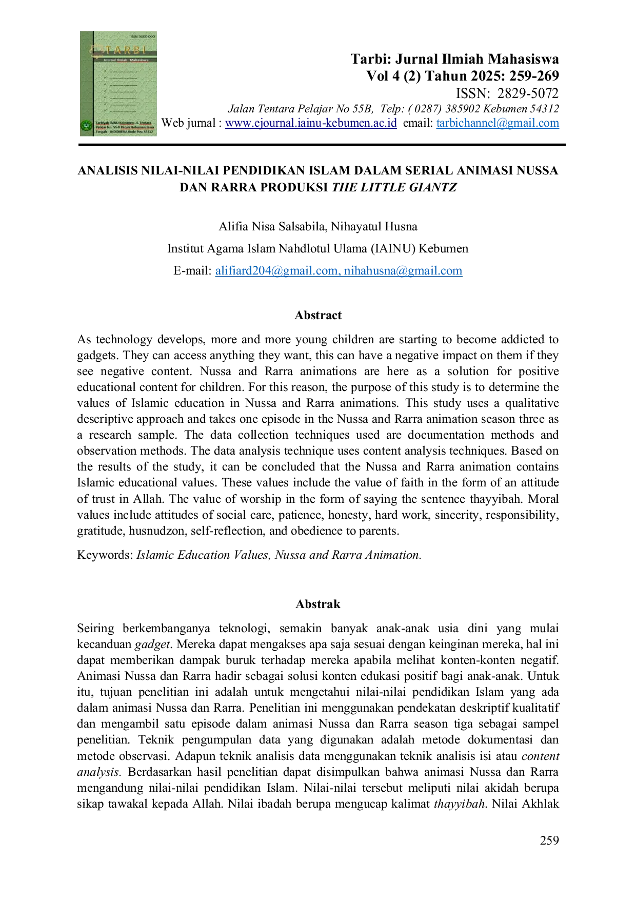 JURIS Analisis Nilai Nilai Pendidikan Islam Dalam Serial Animasi Nussa dan Rarra Produksi The Little Giantz