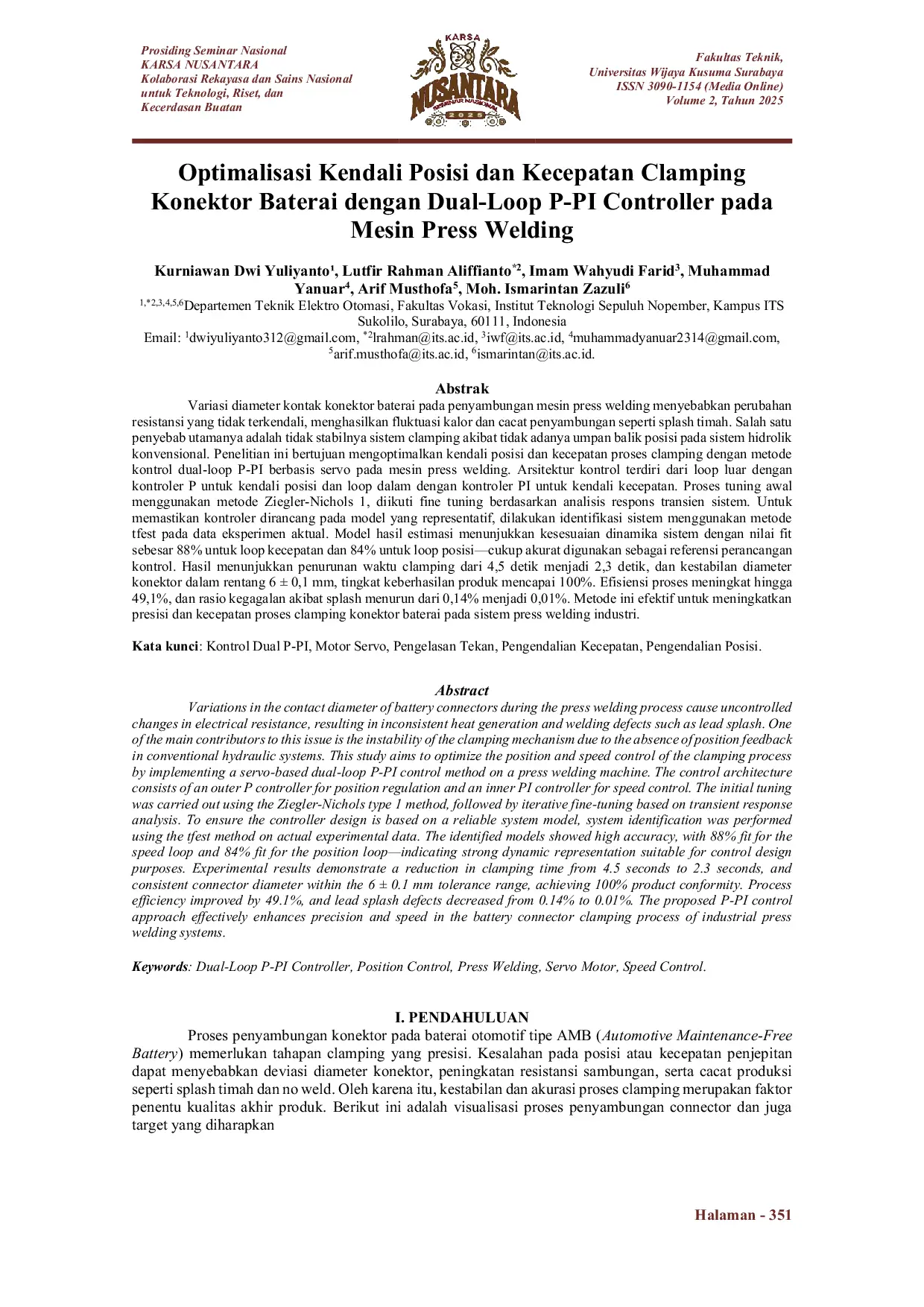 JURIS Optimalisasi Kendali Posisi dan Kecepatan Clamping Konektor Baterai dengan Dual Loop P PI Controller pada Mesin Press Welding