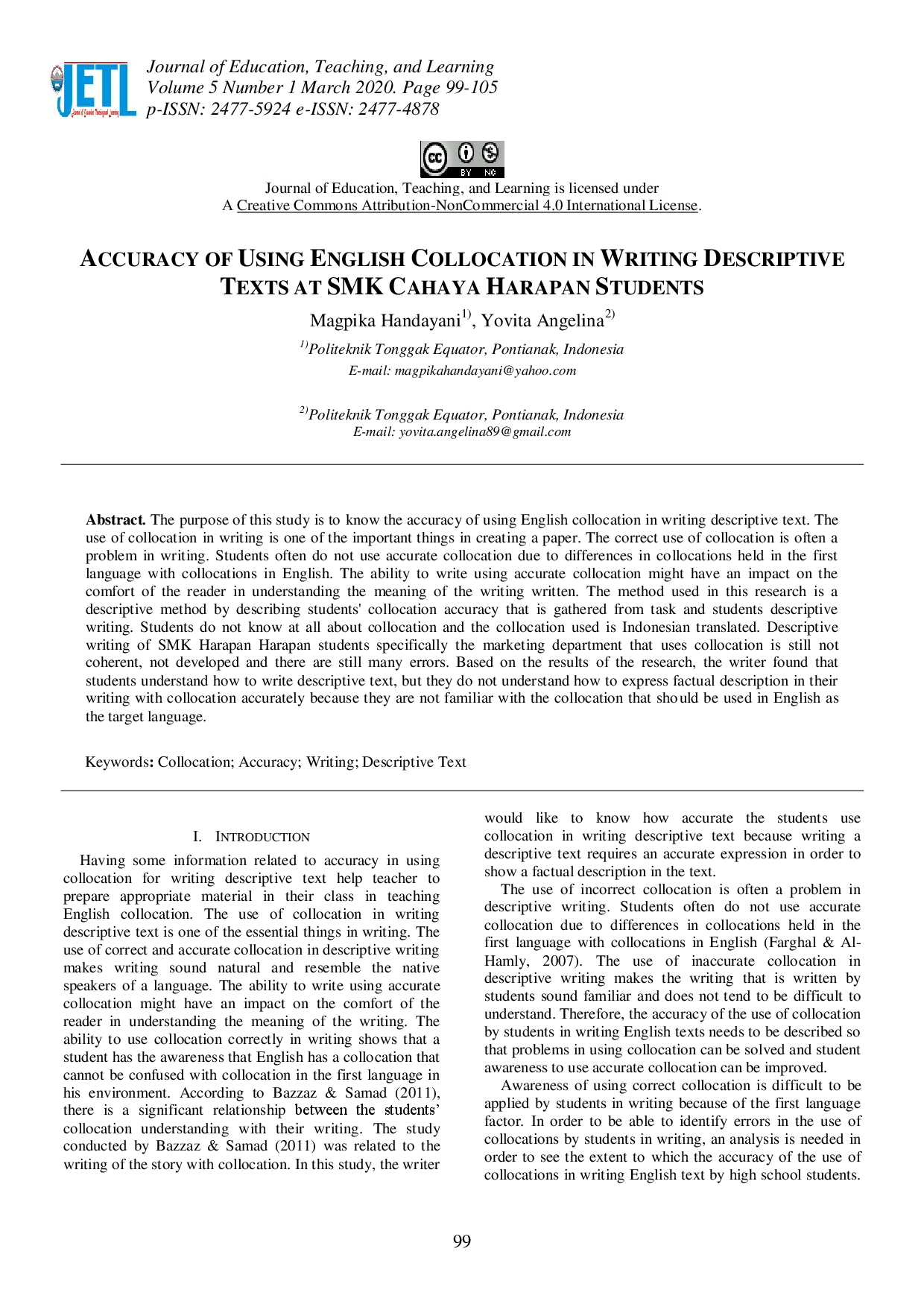 juris Accuracy of Using English Collocation in Writing Descriptive Texts at SMK Cahaya Harapan Students