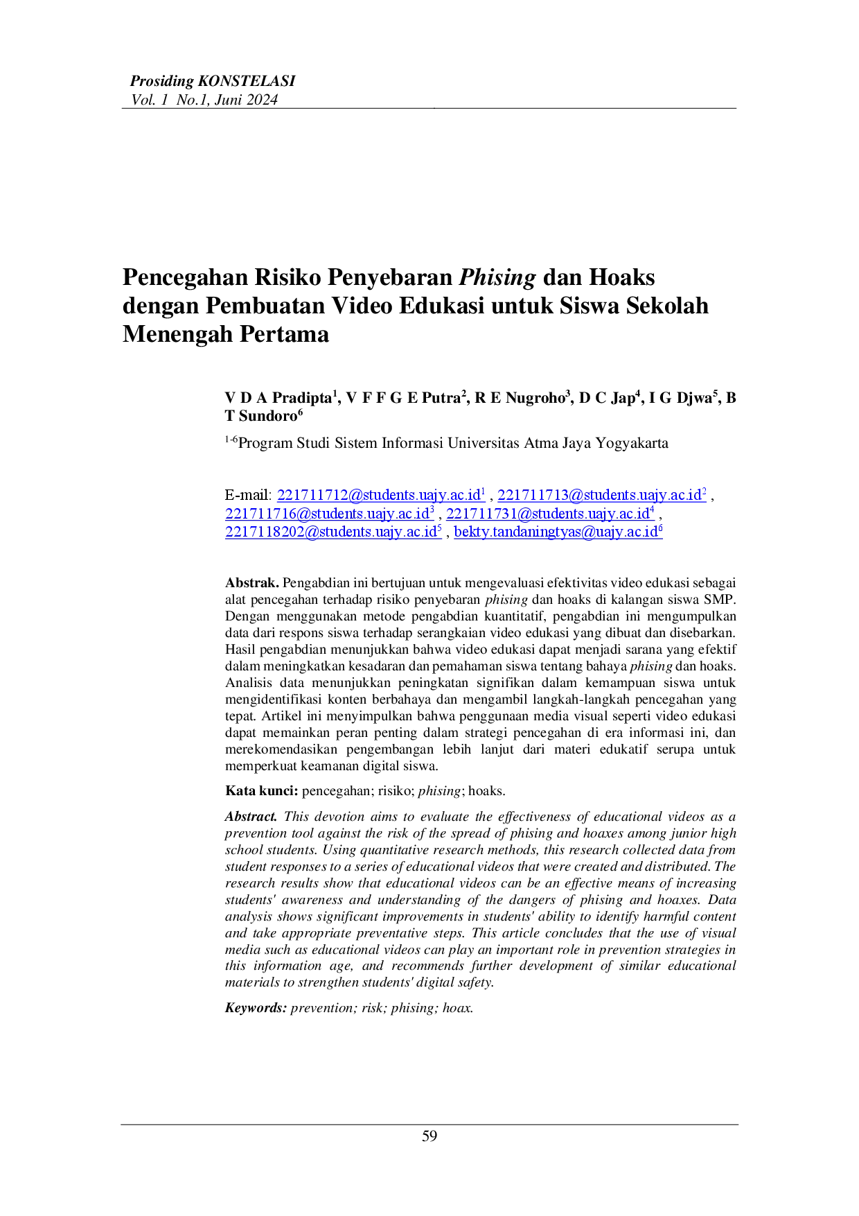 juris Pencegahan Resiko Penyebaran Phising dan Hoaks dengan Pembuatan Video Edukasi untuk Siswa Sekolah Menengah Pertama