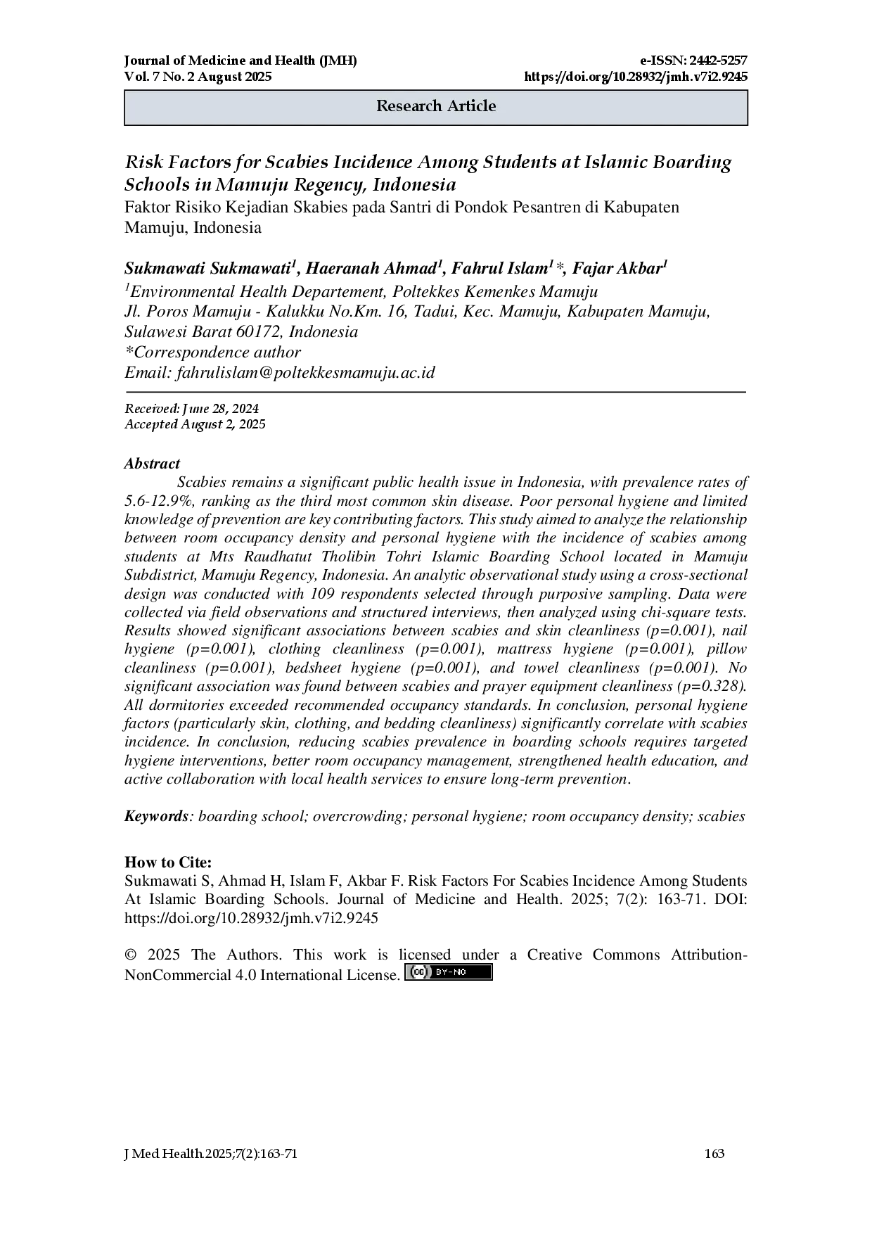 juris Faktor Risiko Kejadian Scabies pada Santri Pondok Pesantren