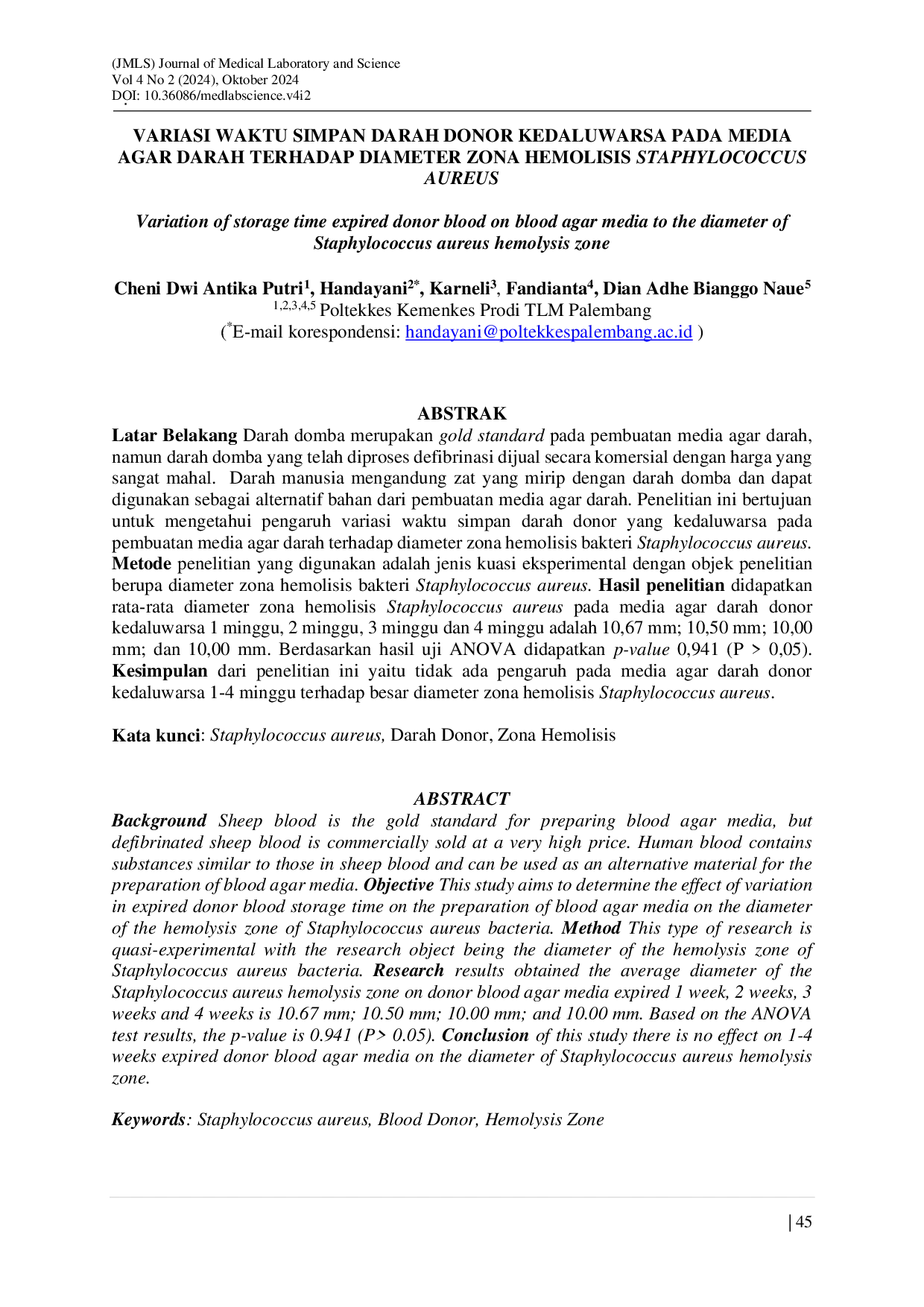 JURIS Variasi Waktu Simpan Darah Donor Kedaluwarsa Pada Media Agar Darah Terhadap Diameter Zona Hemolisis Staphylococcus Aureus