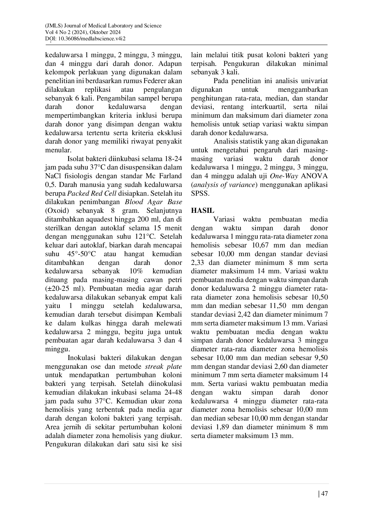 JURIS Variasi Waktu Simpan Darah Donor Kedaluwarsa Pada Media Agar Darah Terhadap Diameter Zona Hemolisis Staphylococcus Aureus