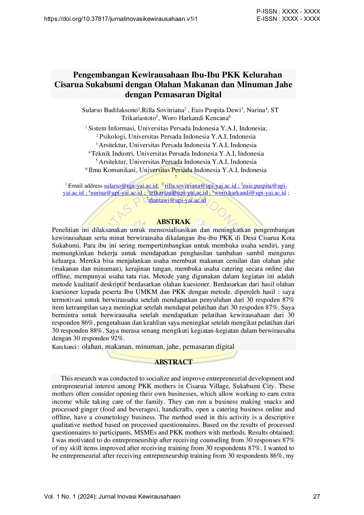 JURIS Pengembangan Kewirausahaan Ibu Ibu PKK Kelurahan Cisarua Sukabumi dengan Olahan Makanan dan Minuman Jahe dengan Pemasaran Digital