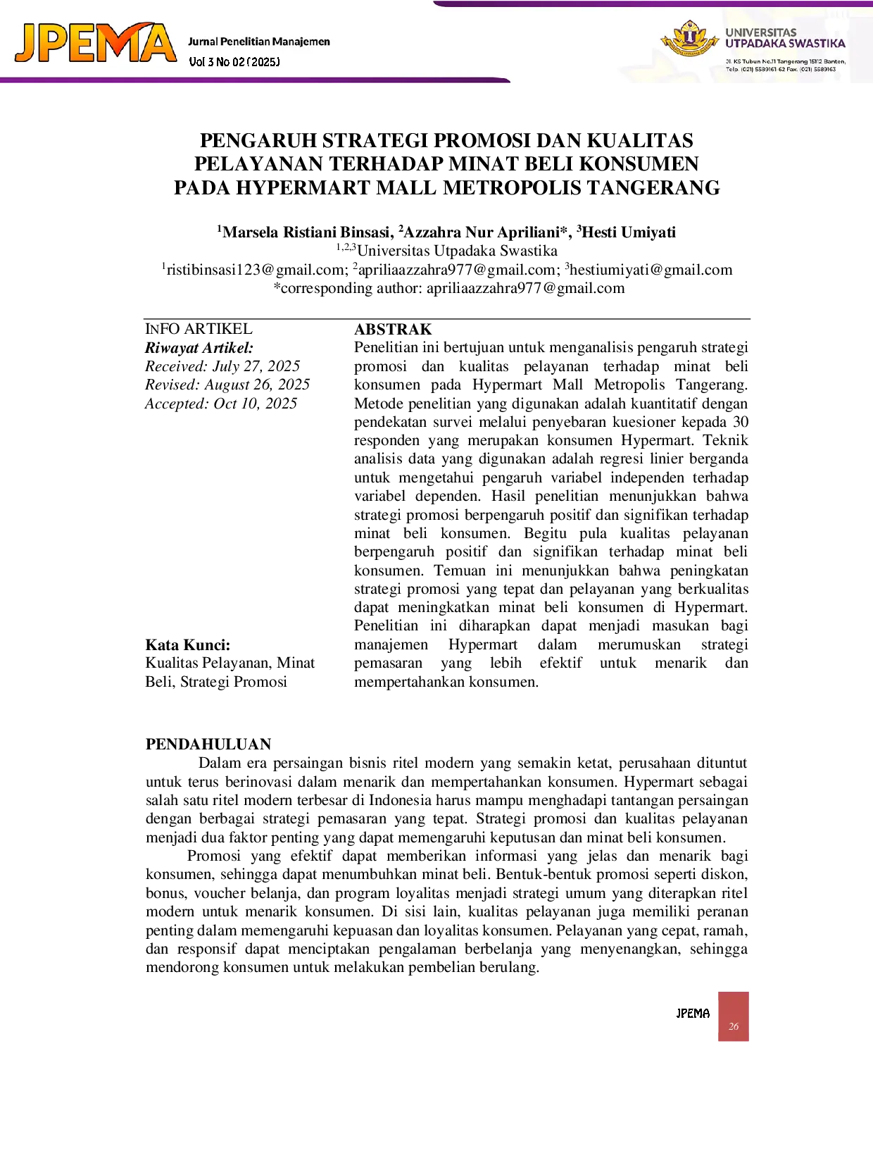 JURIS Pengaruh Strategi Promosi Dan Kualitas Pelayanan Terhadap Minat Beli Konsumen Pada Hypermart Mall Metropolis Tangerang