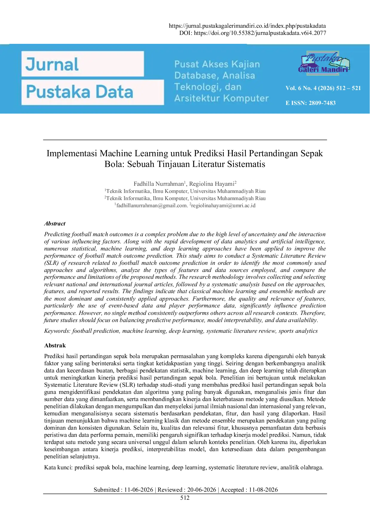 JURIS Sebuah Tinjauan Literatur Sistem Implementasi Machine Learning untuk Prediksi Hasil Pertandingan Sepak Bola