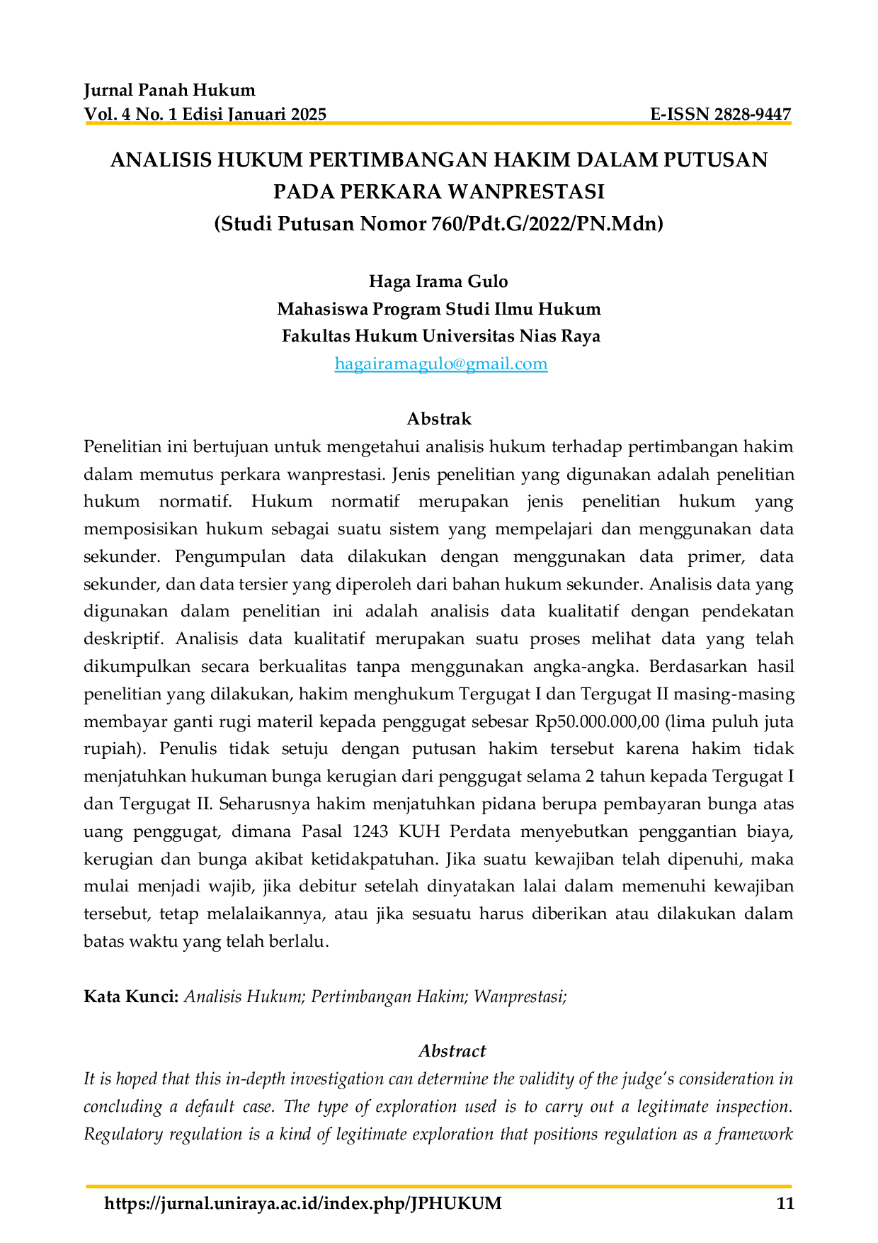 JURIS ANALISIS HUKUM PERTIMBANGAN HAKIM DALAM PUTUSAN PADA PERKARA WANPRESTASI Studi Putusan Nomor 760 Pdt G 2022 PN Mdn