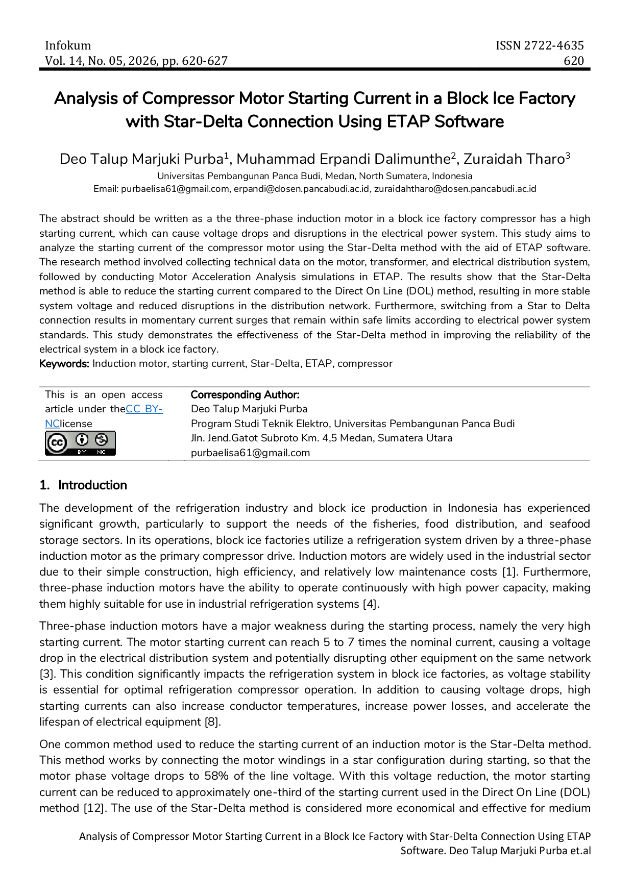 JURIS Analysis of Compressor Motor Starting Current in a Block Ice Factory with Star Delta Connection Using ETAP Software