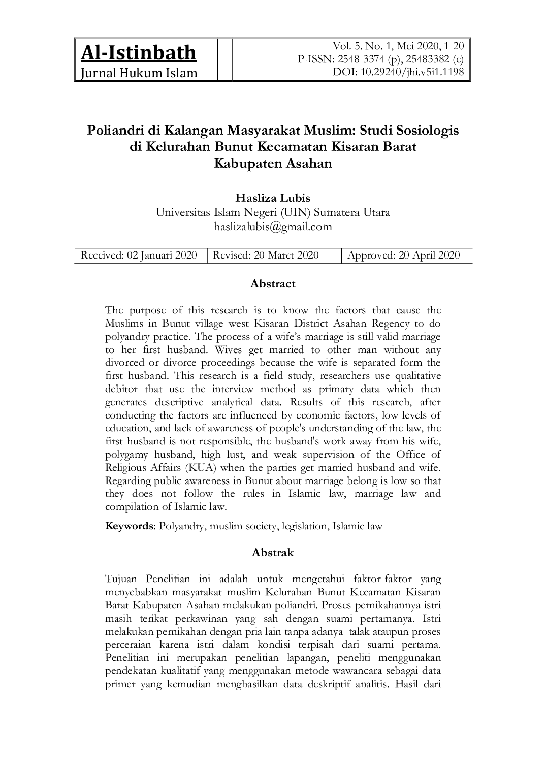 JURIS Poliandri di Kalangan Masyarakat Muslim Studi Sosiologis di Kelurahan Bunut Kecamatan Kisaran Barat Kabupaten Asahan