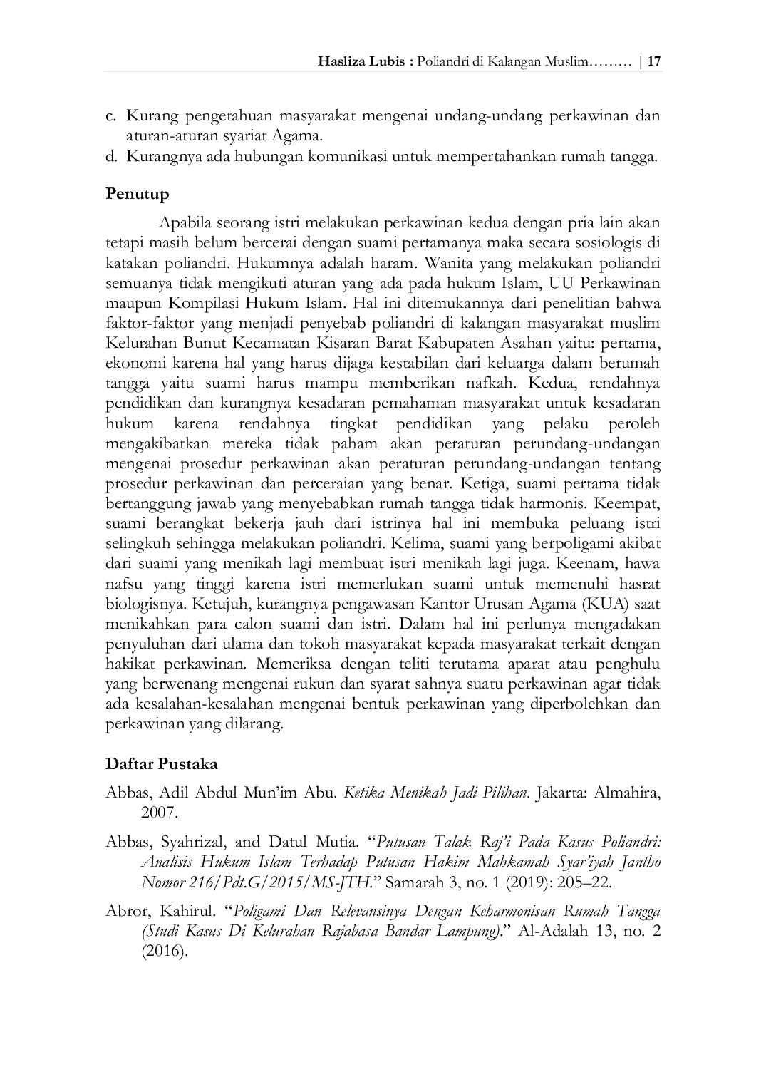 JURIS Poliandri di Kalangan Masyarakat Muslim Studi Sosiologis di Kelurahan Bunut Kecamatan Kisaran Barat Kabupaten Asahan