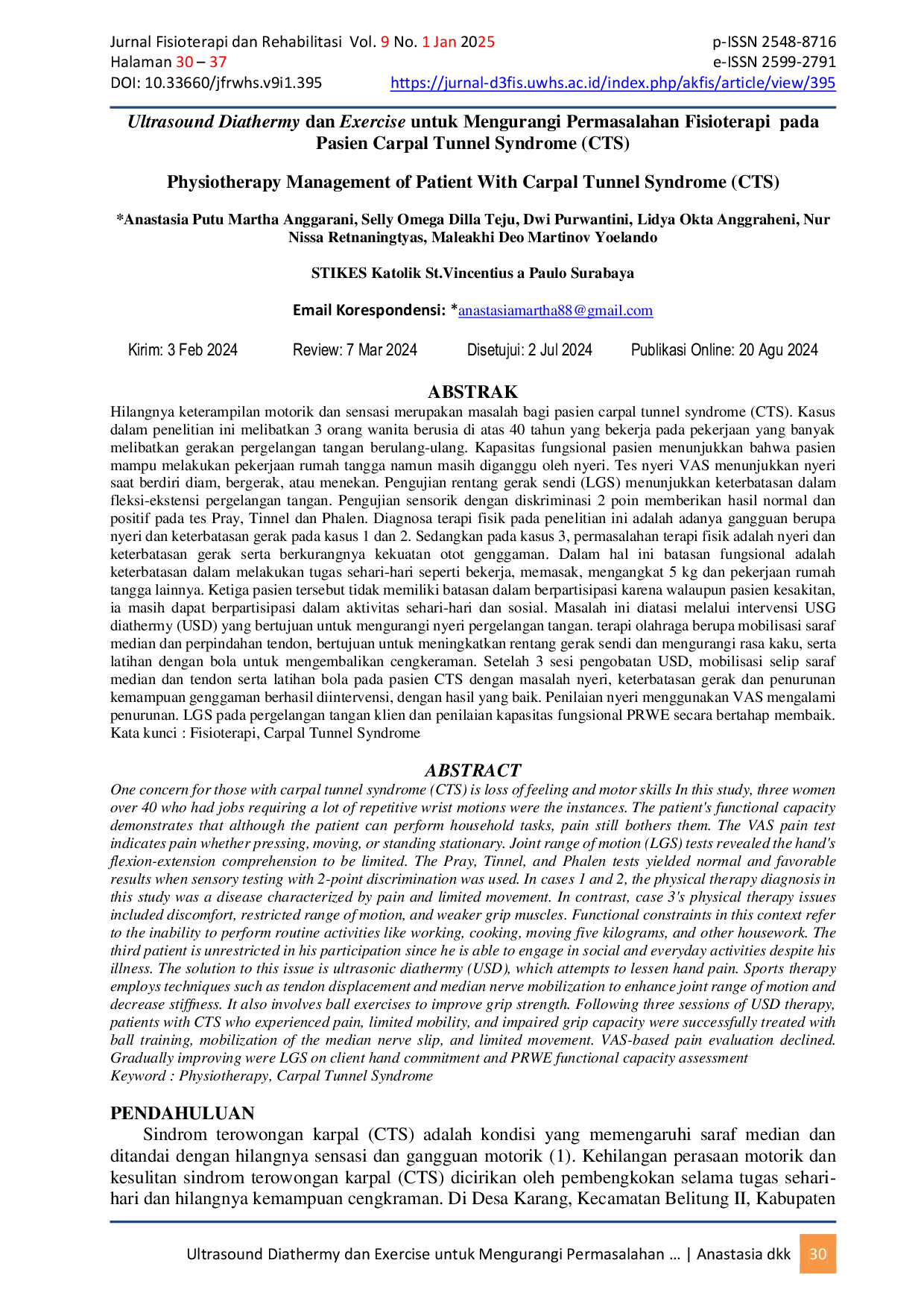 JURIS Ultrasound Diathermy dan Exercise untuk Mengurangi Permasalahan Fisioterapi pada Pasien Carpal Tunnel Syndrome CTS