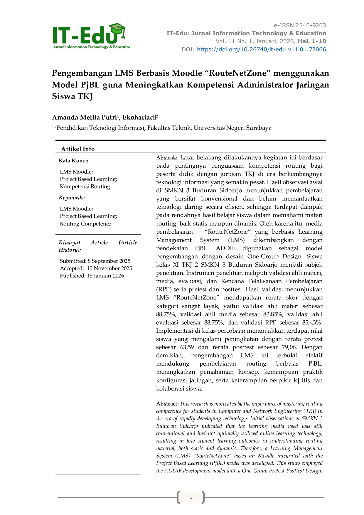 JURIS Pengembangan LMS Berbasis Moodle RouteNetZone menggunakan Model PjBL guna Meningkatkan Kompetensi Administrator Jaringan Siswa TKJ