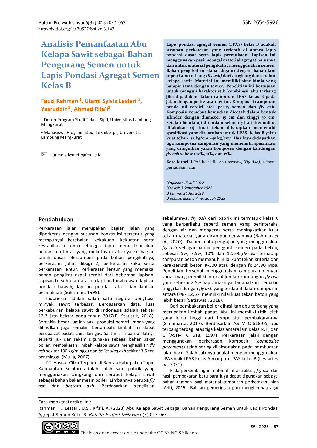 JURIS Analisis Pemanfaatan Abu Kelapa Sawit sebagai Bahan Pengurang Semen untuk Lapis Pondasi Agregat Semen Kelas B