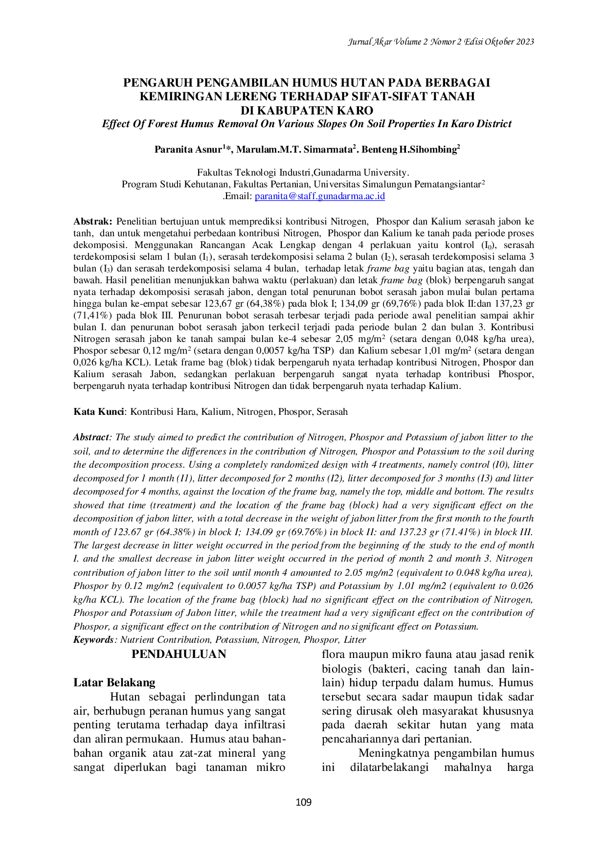 JURIS Pengaruh Pengambilan Humus Hutan Pada Berbagai Kemiringan Lereng Terhadap Sifat sifat Tanah Di Kabupaten Karo