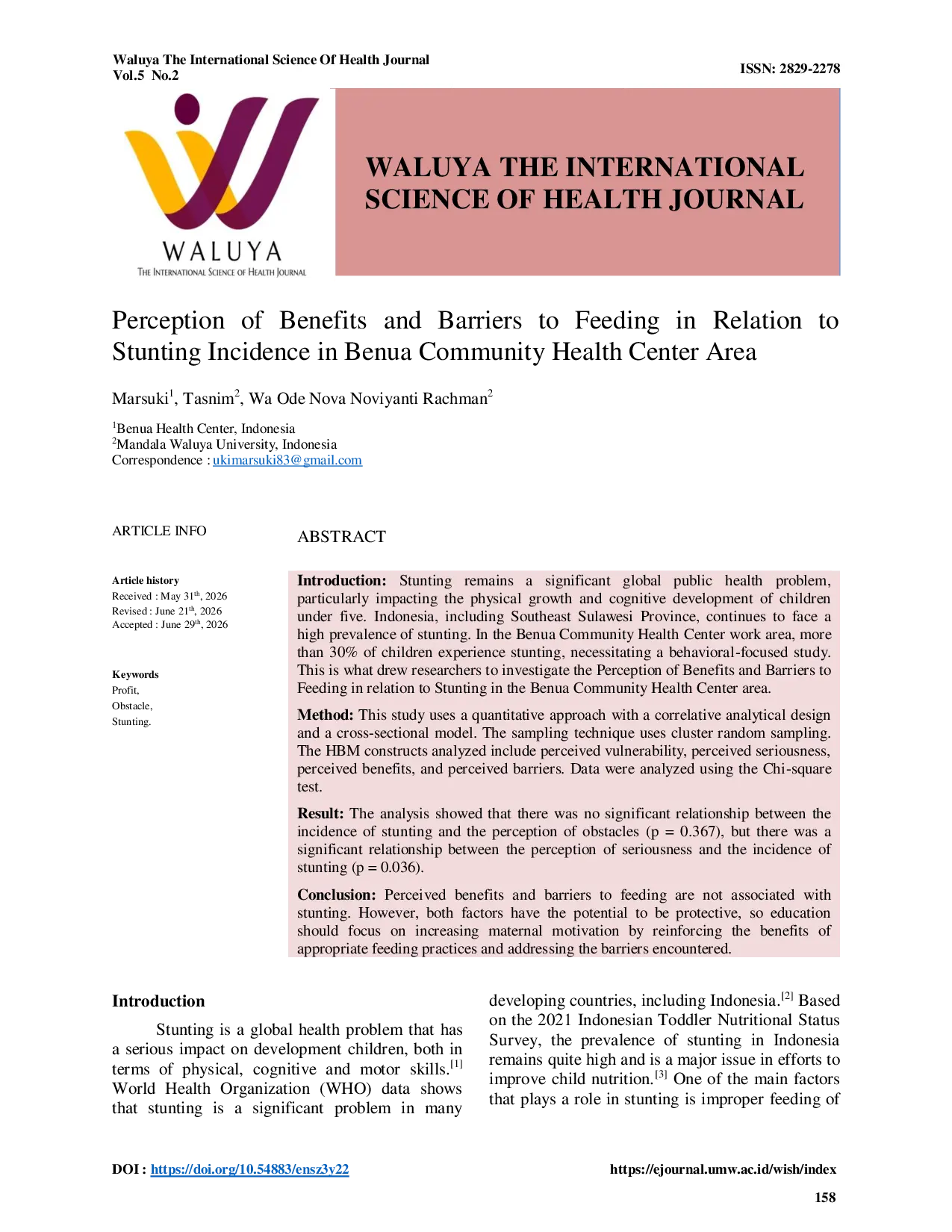 JURIS Perception of Benefits and Barriers to Feeding in Relation to Stunting Incidence in Benua Community Health Center Area