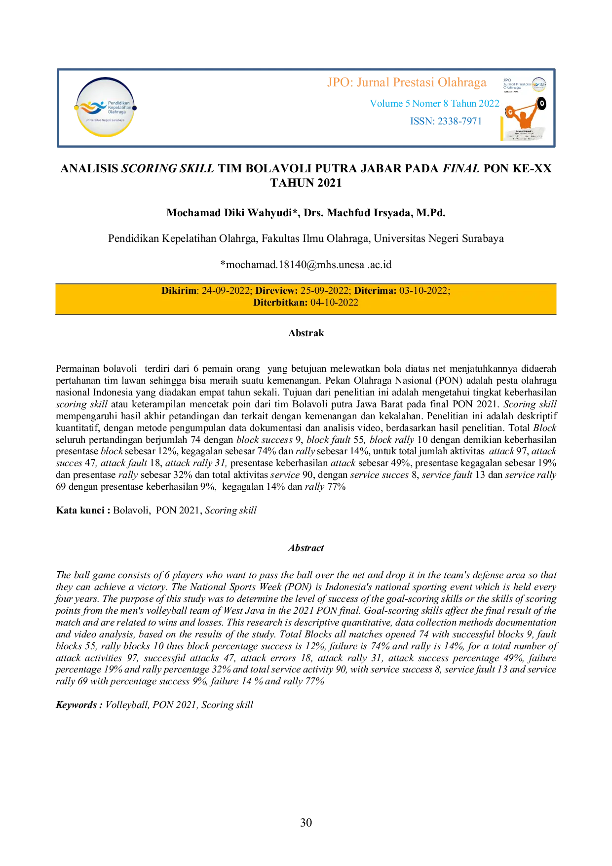 JURIS Analisis Scoring Skill Tim Bolavoli Putra Jabar Pada Final Pon Ke Xx Tahun 2021