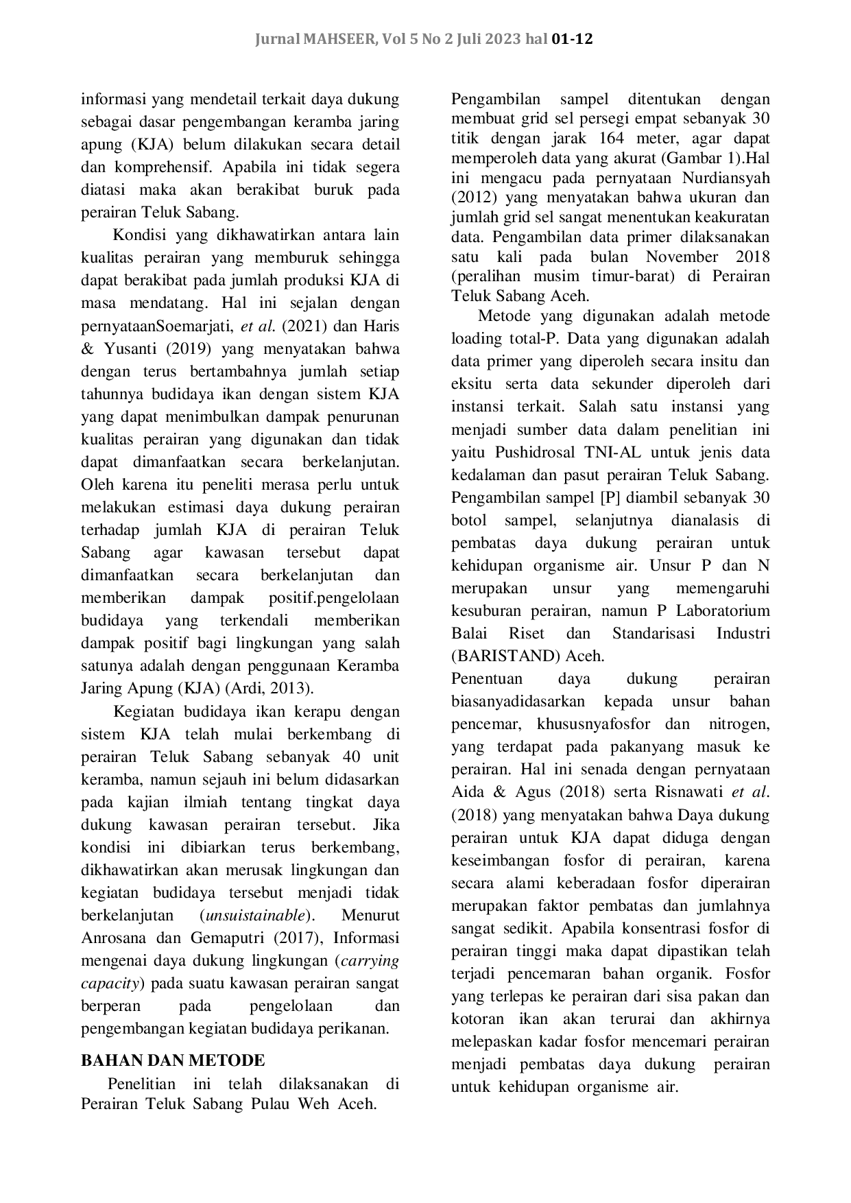 JURIS Daya Dukung Budidaya Keramba Jaring Apung Ikan Kerapu di Perairan Teluk Sabang Aceh