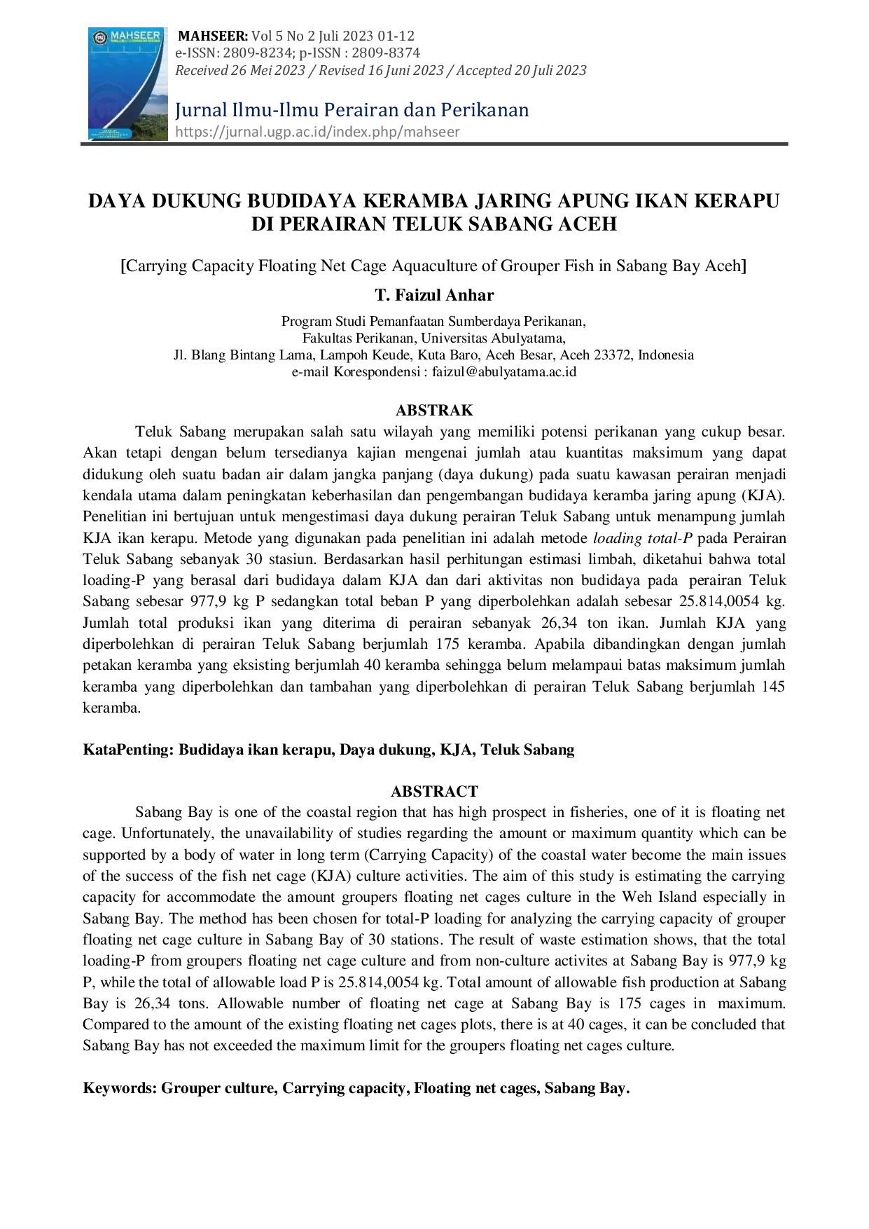 JURIS Daya Dukung Budidaya Keramba Jaring Apung Ikan Kerapu di Perairan Teluk Sabang Aceh