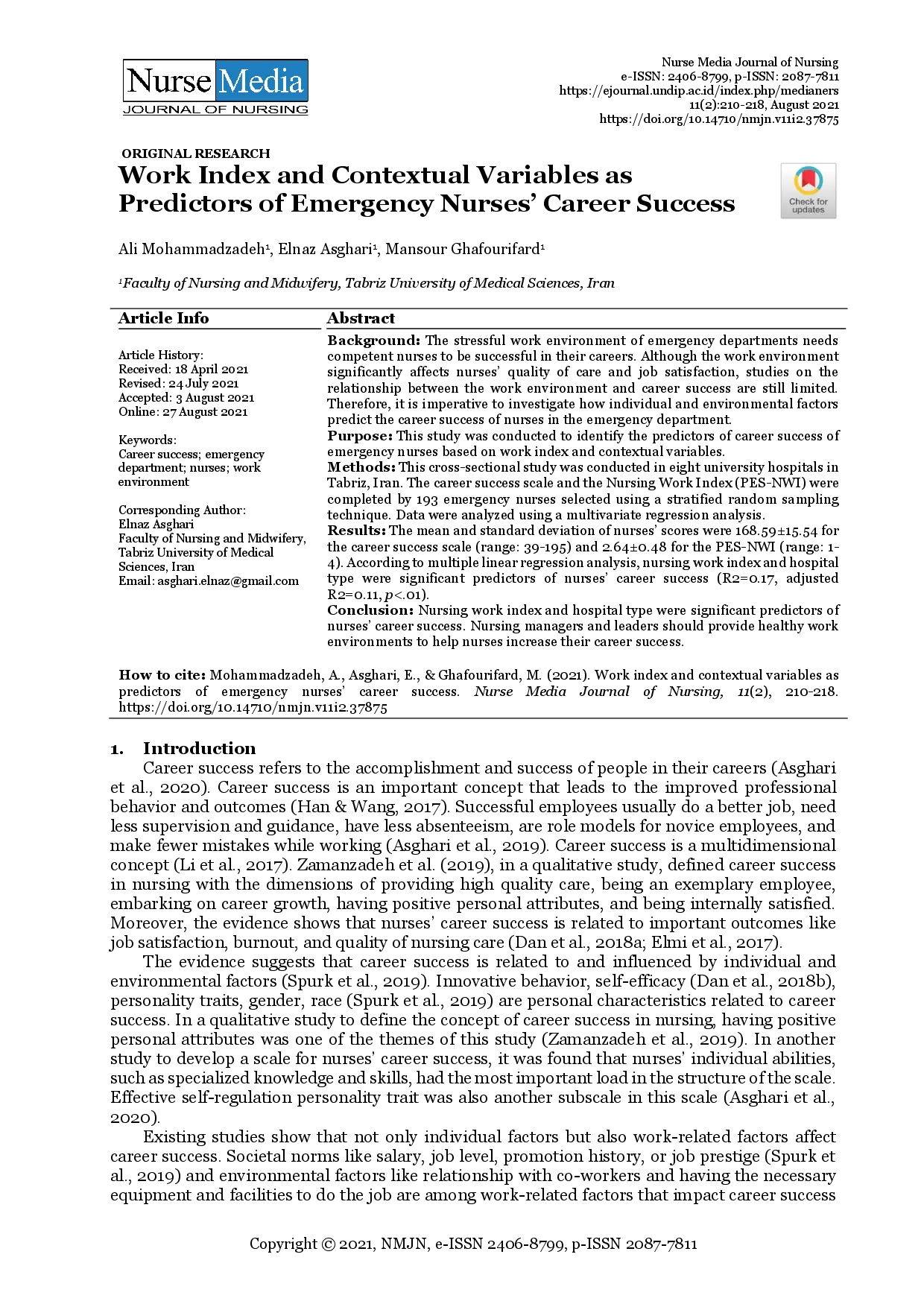 juris Work Index and Contextual Variables as Predictors of Emergency Nurses Career Success