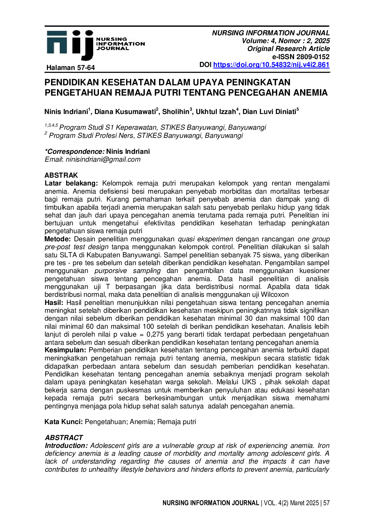 JURIS Pendidikan Kesehatan dalam Upaya Peningkatan Pengetahuan Remaja Putri tentang Pencegahan Anemia