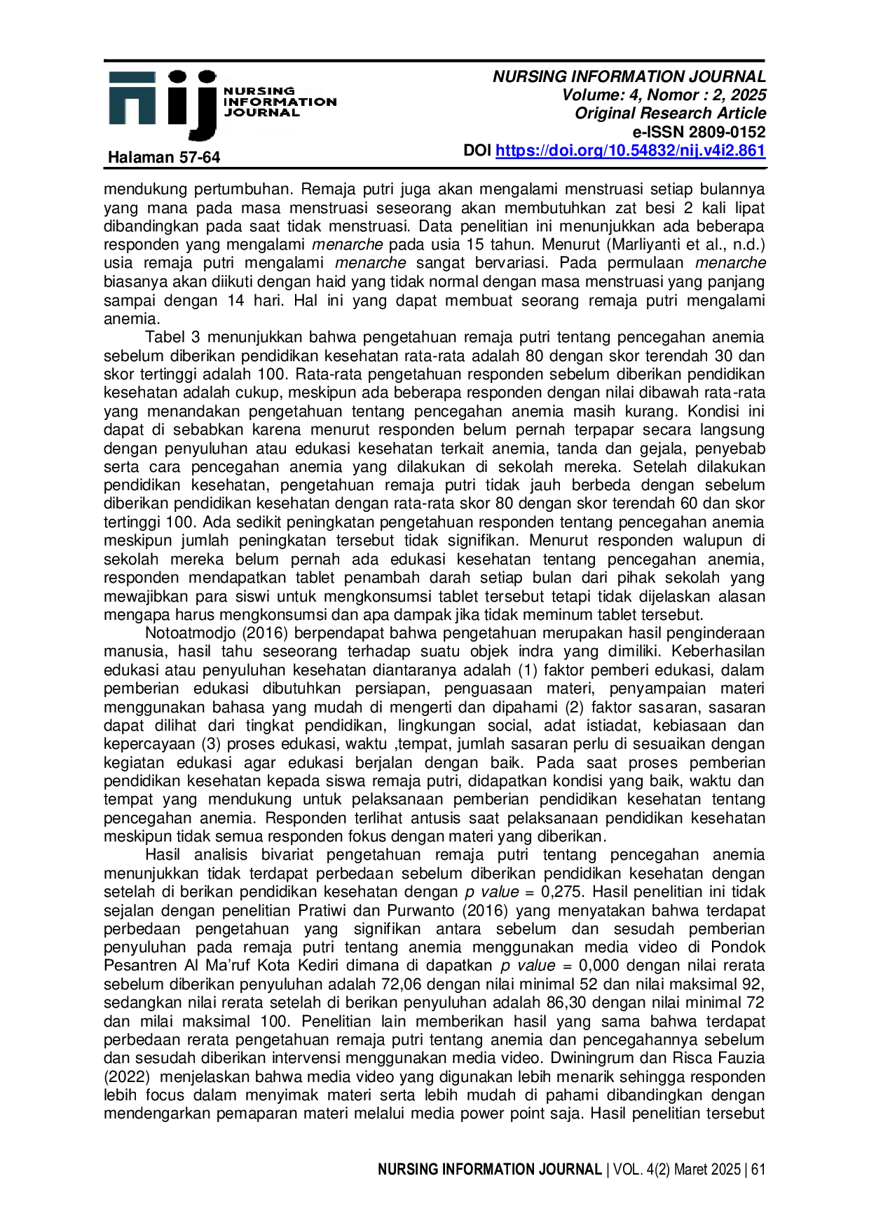 JURIS Pendidikan Kesehatan dalam Upaya Peningkatan Pengetahuan Remaja Putri tentang Pencegahan Anemia