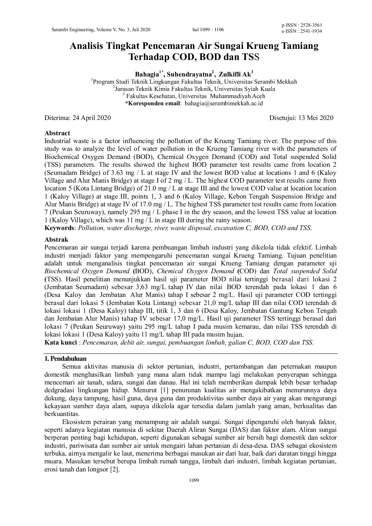 JURIS Analisis Tingkat Pencemaran Air Sungai Krueng Tamiang Terhadap COD BOD dan TSS