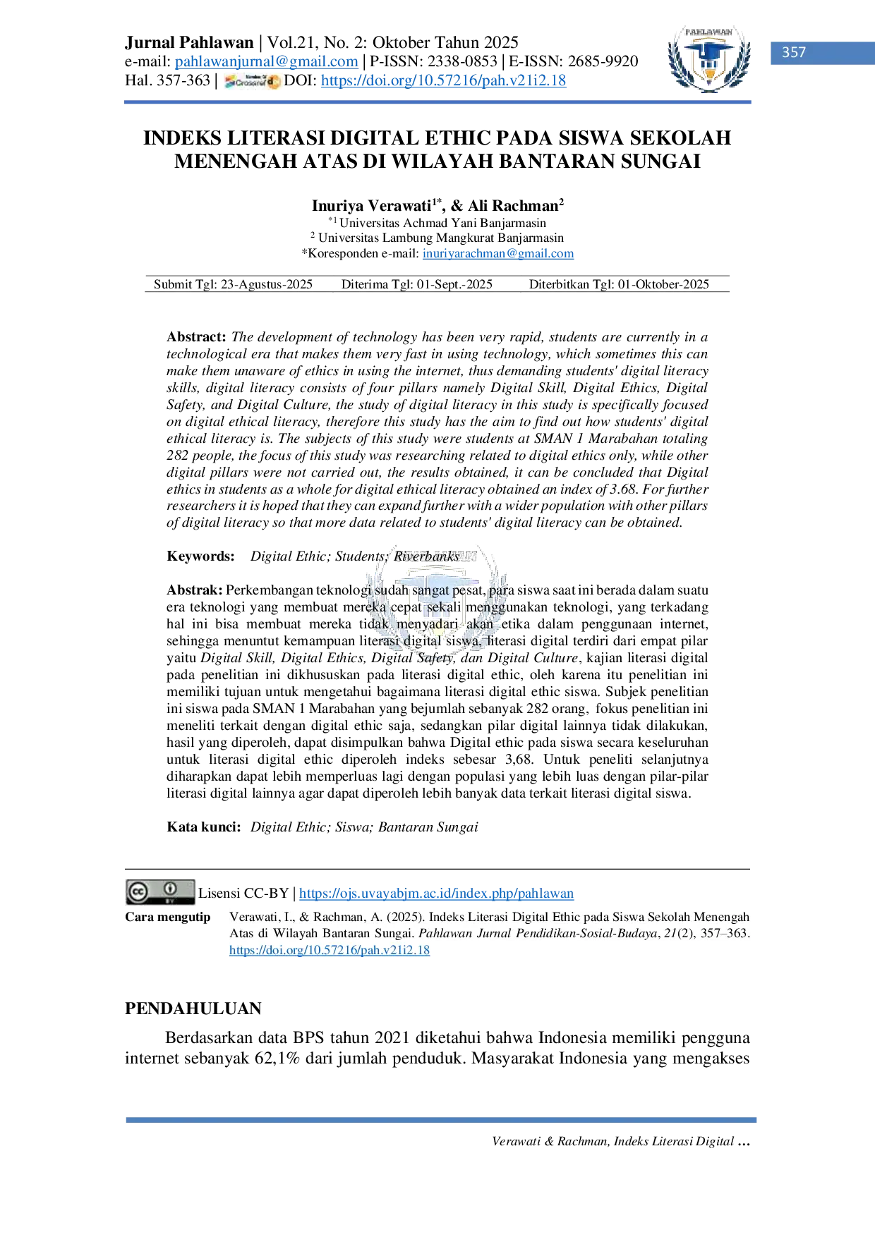JURIS Indeks Literasi Digital Ethic pada Siswa Sekolah Menengah Atas di Wilayah Bantaran Sungai