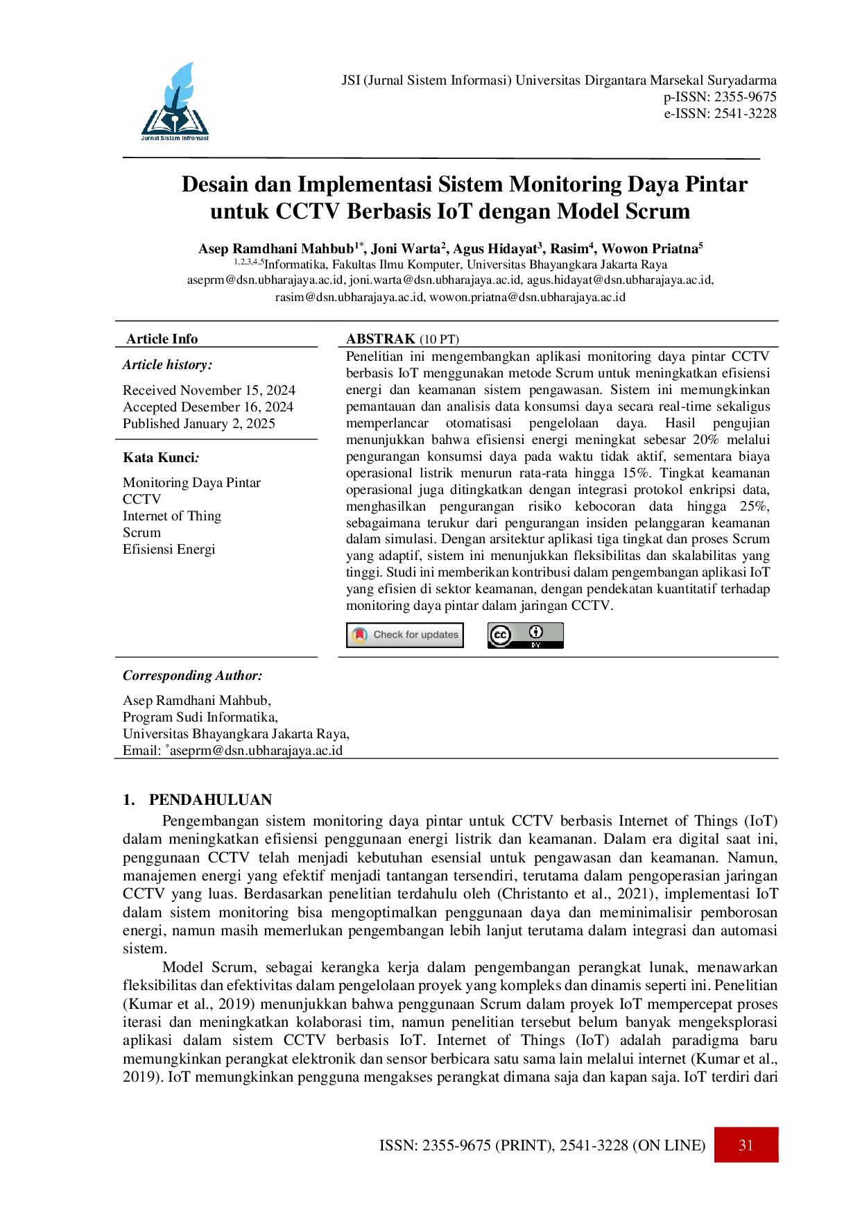 JURIS Desain dan Implementasi Sistem Monitoring Daya Pintar untuk CCTV Berbasis IoT dengan Model Scrum