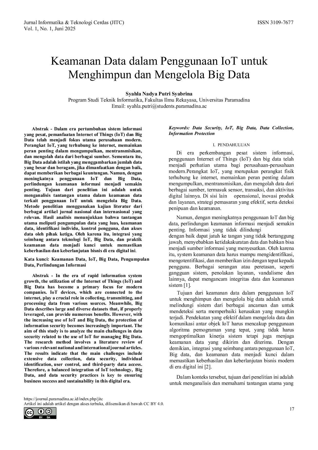 JURIS Keamanan Data dalam Penggunaan IoT untuk Menghimpun dan Mengelola Big Data