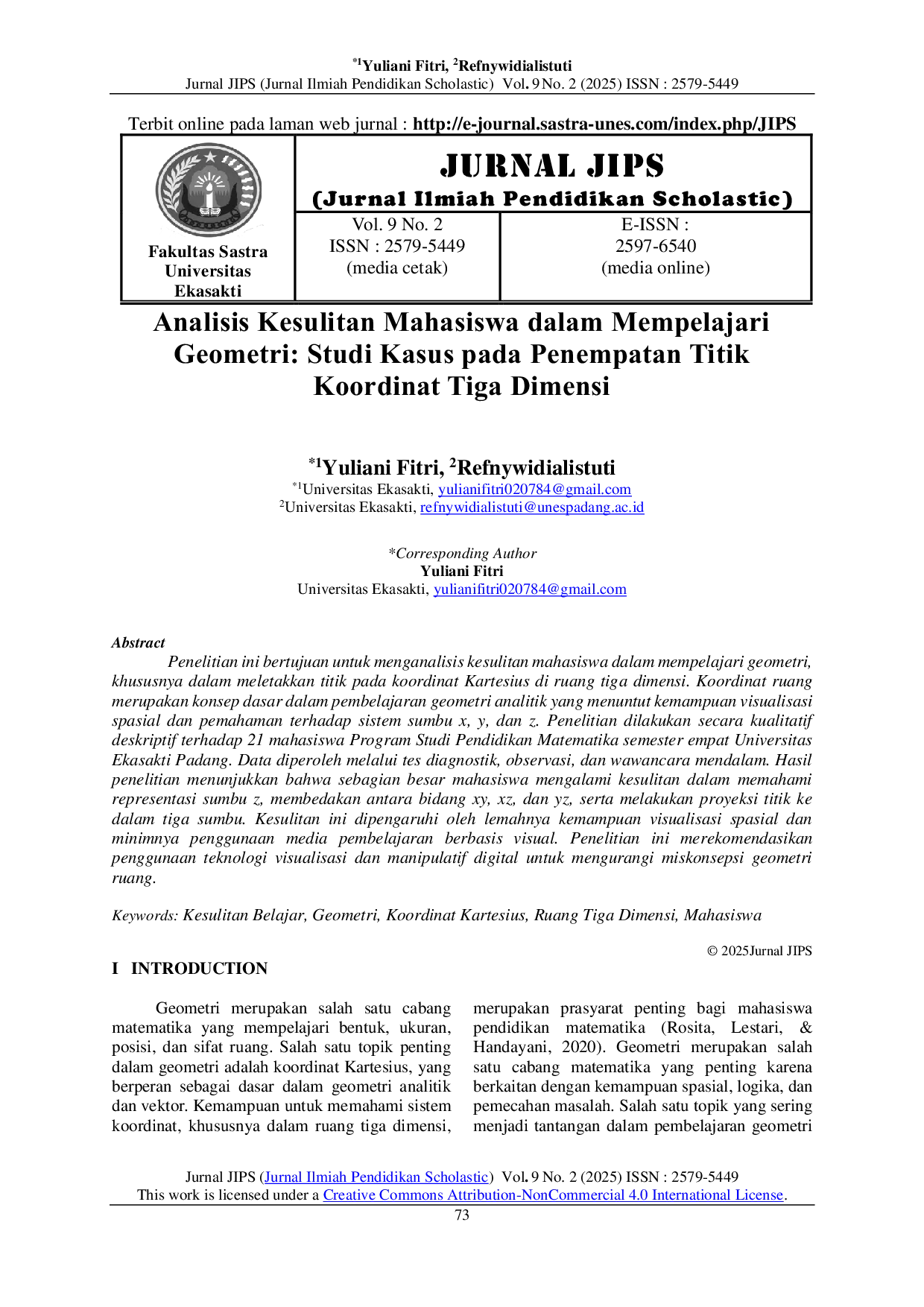 JURIS Analisis Kesulitan Mahasiswa dalam Mempelajari Geometri Studi Kasus pada Penempatan Titik Koordinat Tiga Dimensi