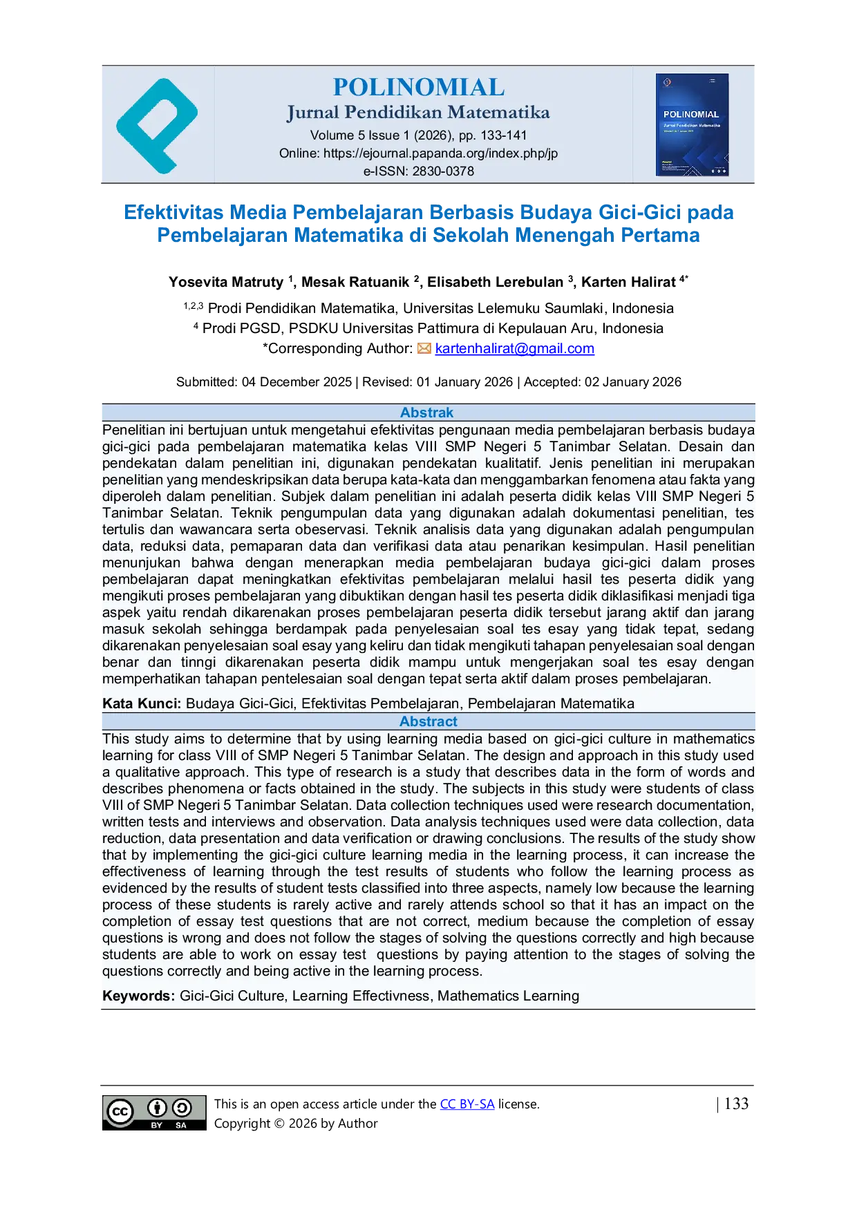JURIS Efektivitas Media Pembelajaran Berbasis Budaya Gici Gici pada Pembelajaran Matematika di Sekolah Menengah Pertama