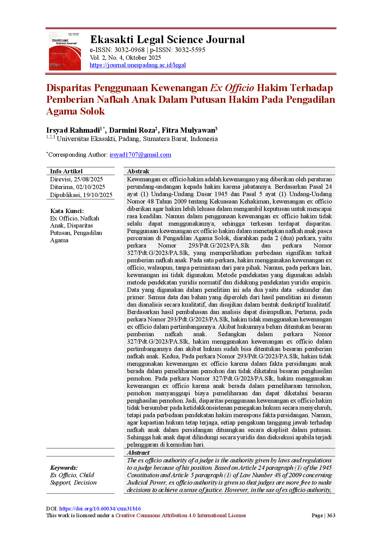 juris Disparitas Penggunaan Kewenangan Ex Officio Hakim Terhadap Pemberian Nafkah Anak Dalam Putusan Hakim Pada Pengadilan Agama Solok