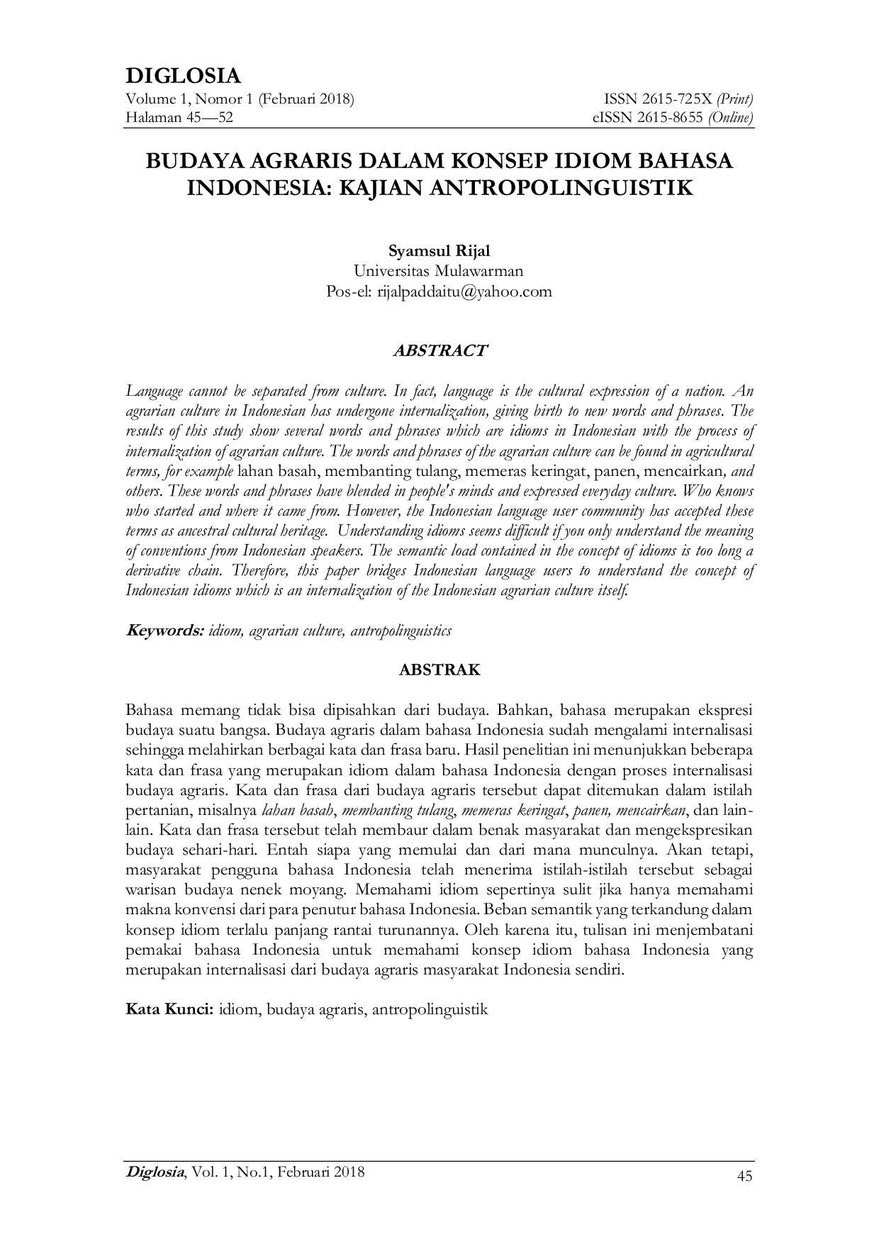 JURIS Budaya Agraris Dalam Konsep Idiom Bahasa Indonesia Kajian Antropolinguistik