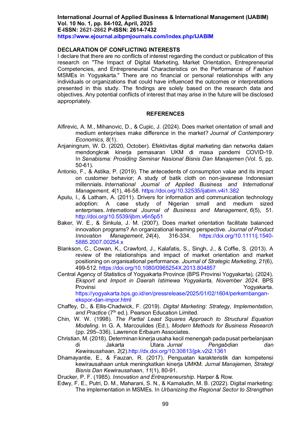 JURIS The Impact of Digital Marketing Market Orientation Entrepreneurial Competencies and Entrepreneurship Characteristics on the Fashion MSMEs Performance in Yogyakarta